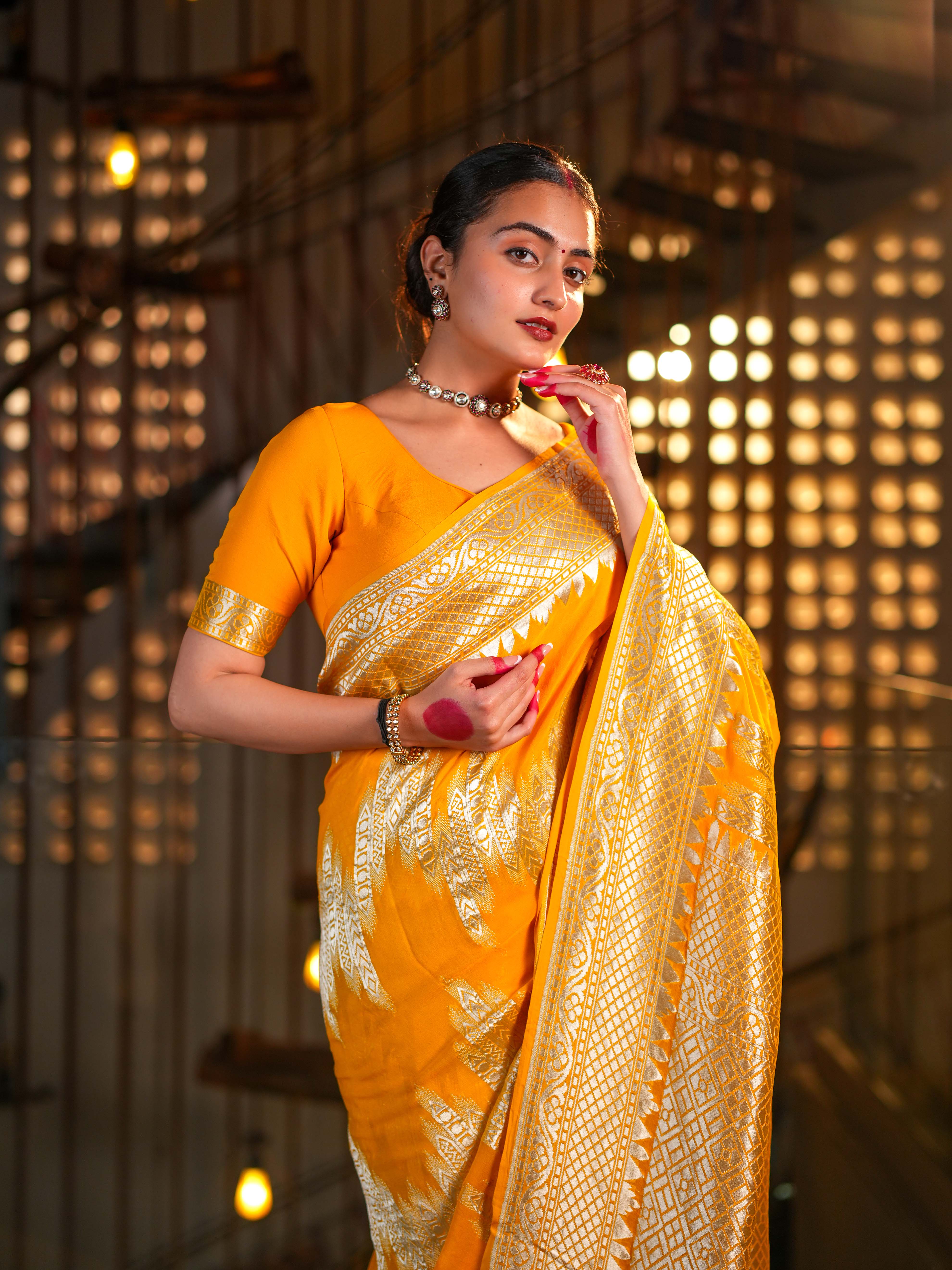 Mustard Yellow Khaddi Georgette Saree Silver Zari with Unstitched Blouse - Image 5