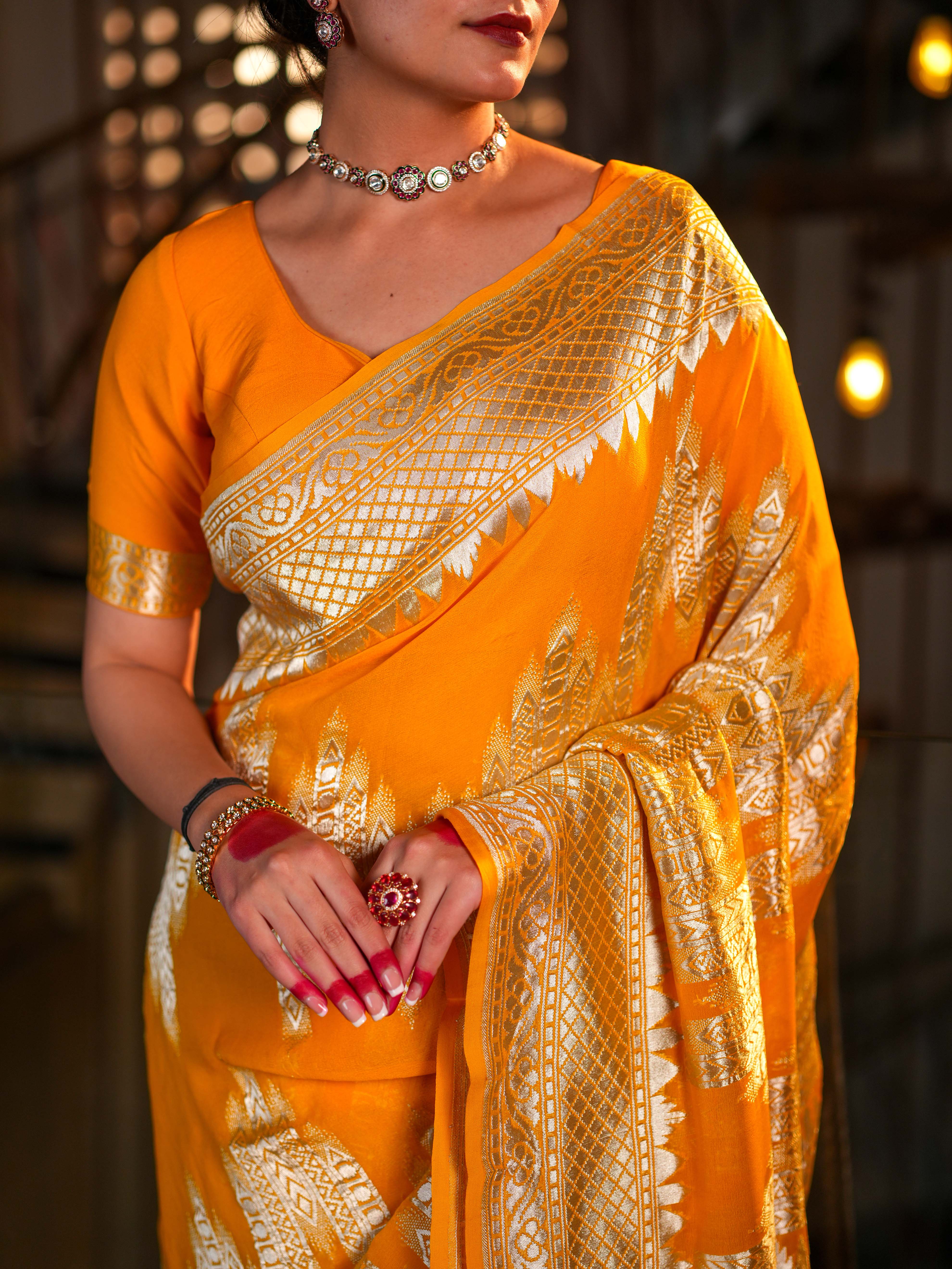 Mustard Yellow Khaddi Georgette Saree Silver Zari with Unstitched Blouse - Image 7