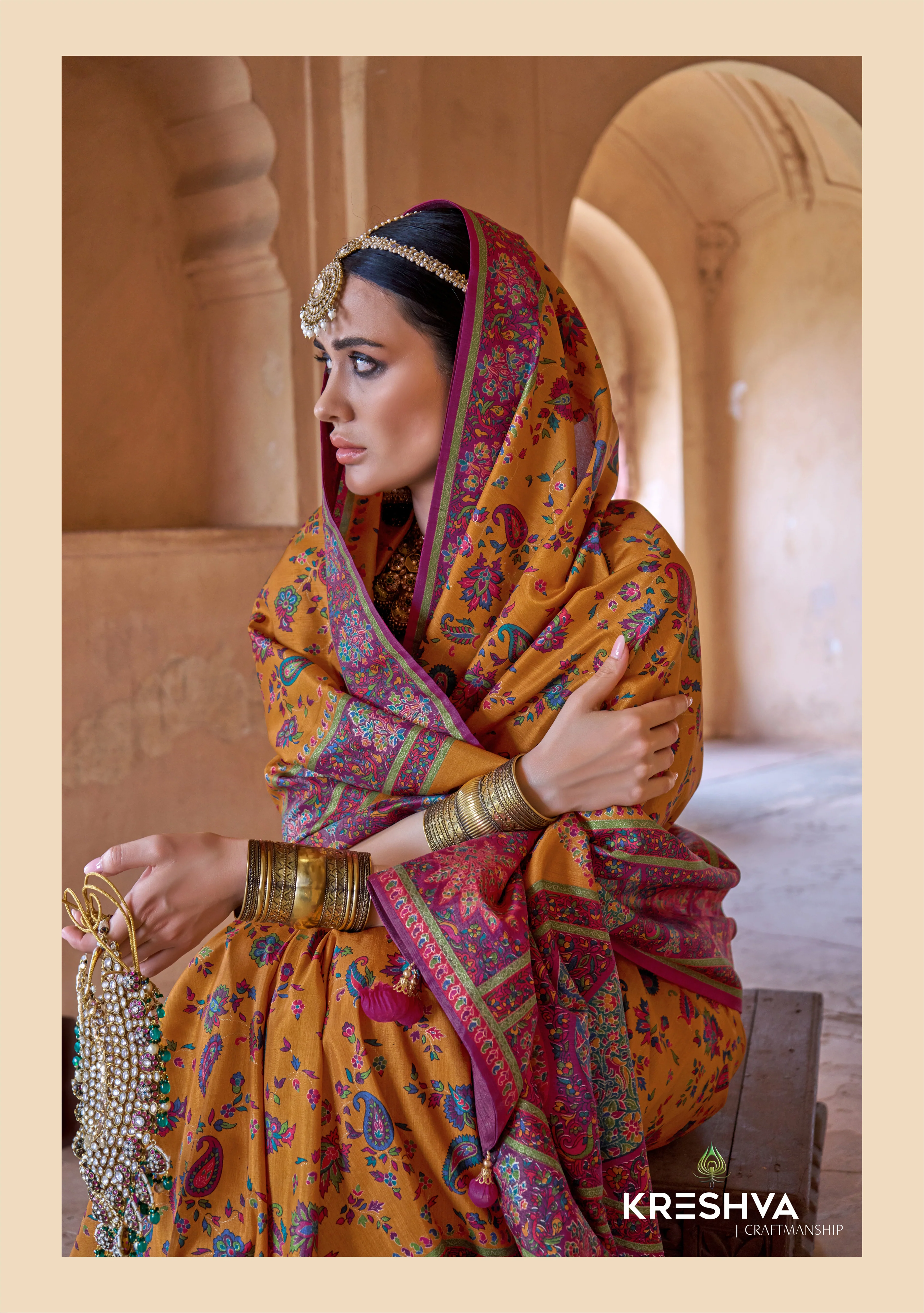 Mustard Yellow & Magenta Heritage Pashmina Inspired Designer Saree with Royal Traditional Border - Image 2