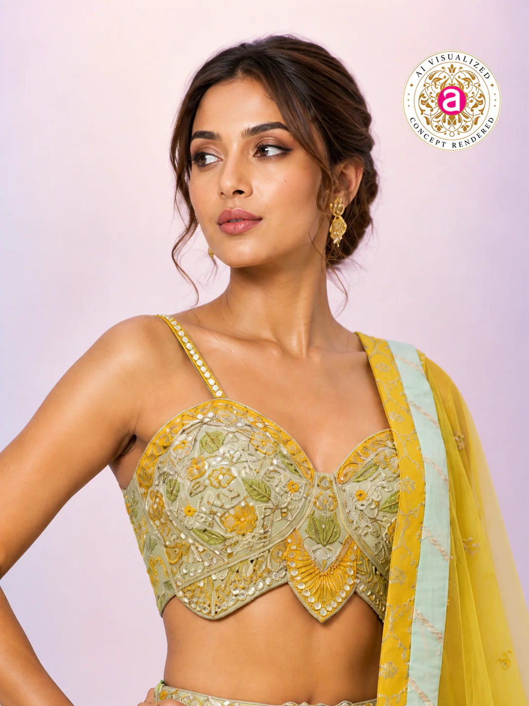 Mustard Yellow & Mint Green Designer Lehenga Choli with Embroidered Panels and Net Dupatta - Image 2
