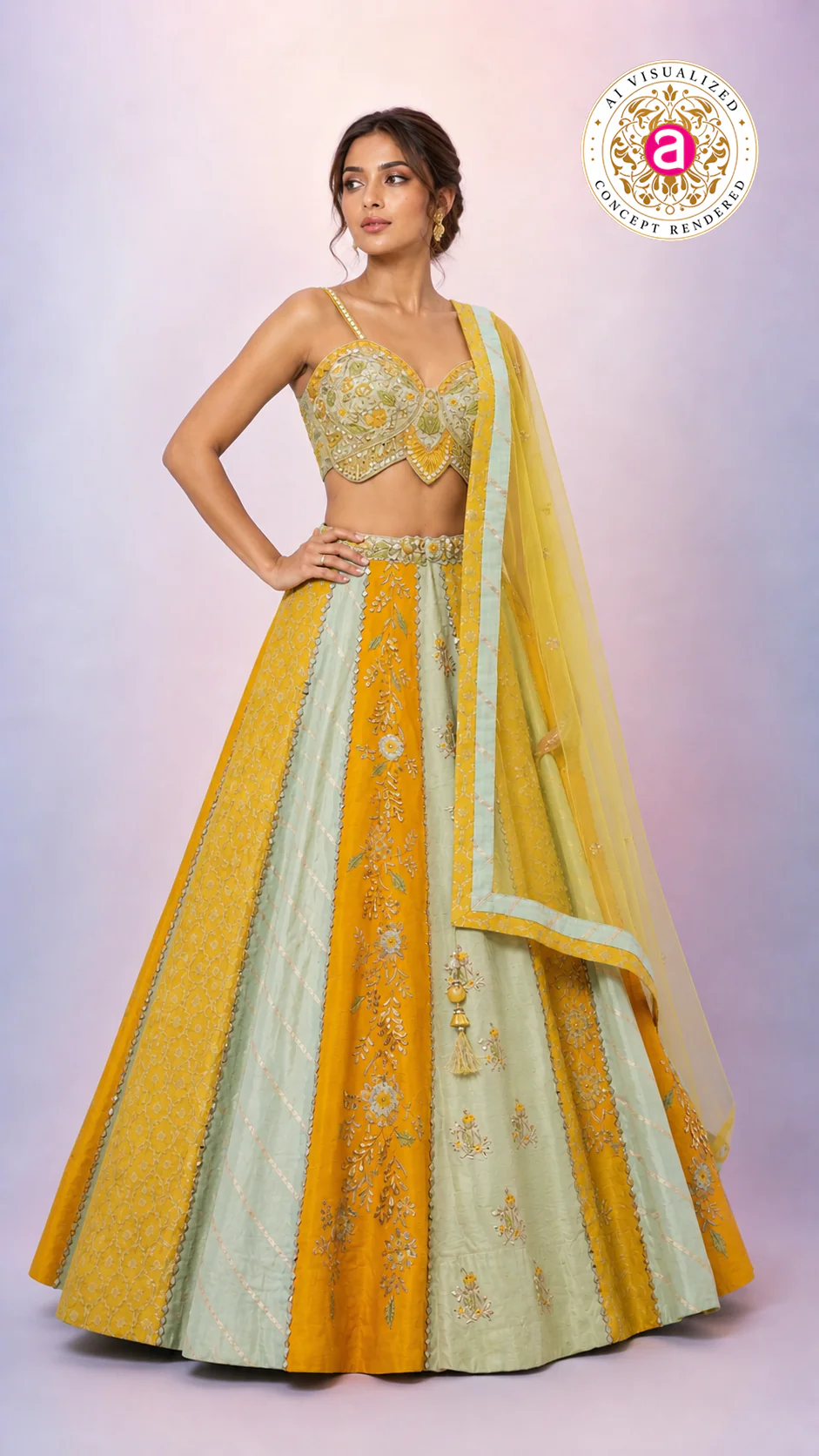 Mustard Yellow & Mint Green Designer Lehenga Choli with Embroidered Panels and Net Dupatta - Image 3