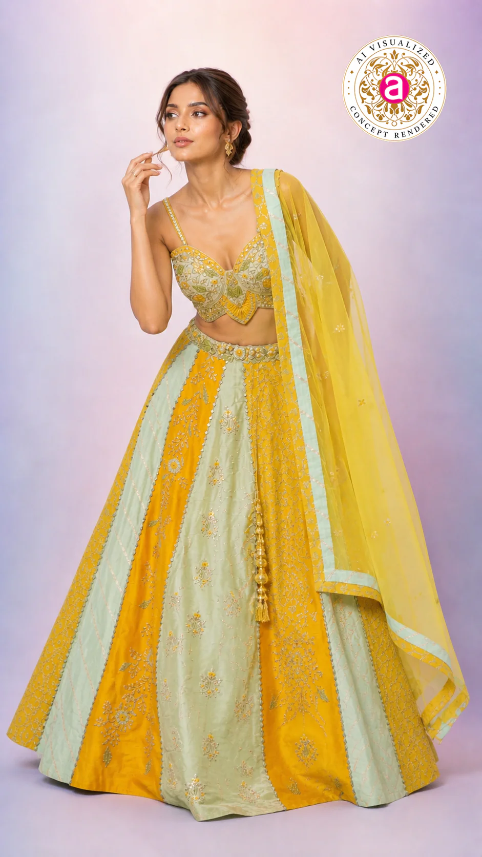 Mustard Yellow & Mint Green Designer Lehenga Choli with Embroidered Panels and Net Dupatta - Image 4