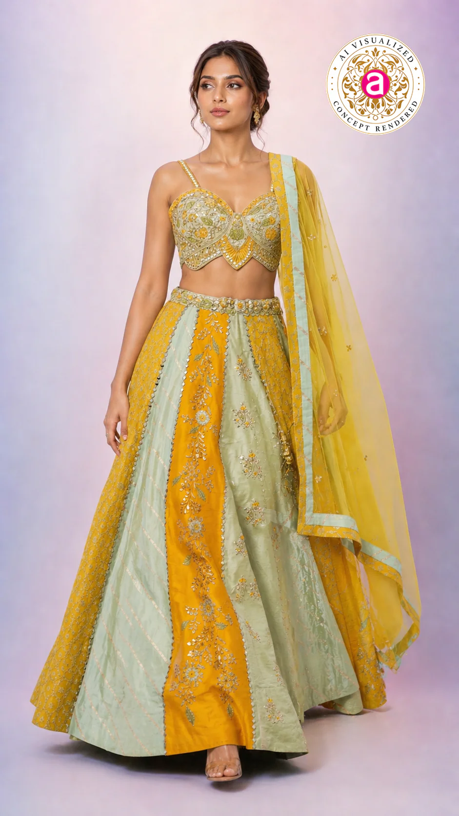 Mustard Yellow & Mint Green Designer Lehenga Choli with Embroidered Panels and Net Dupatta - Image 5