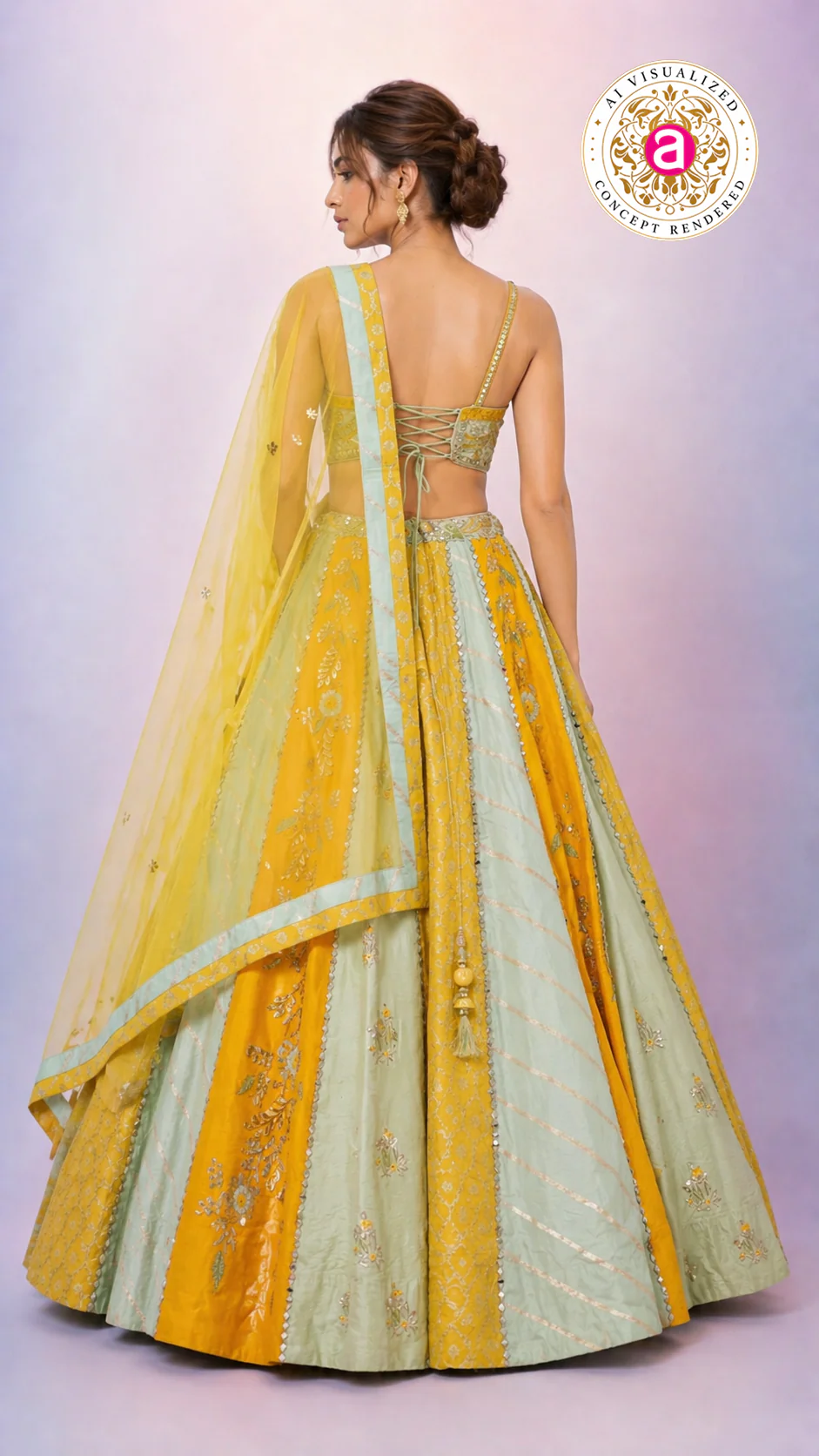 Mustard Yellow & Mint Green Designer Lehenga Choli with Embroidered Panels and Net Dupatta - Image 6