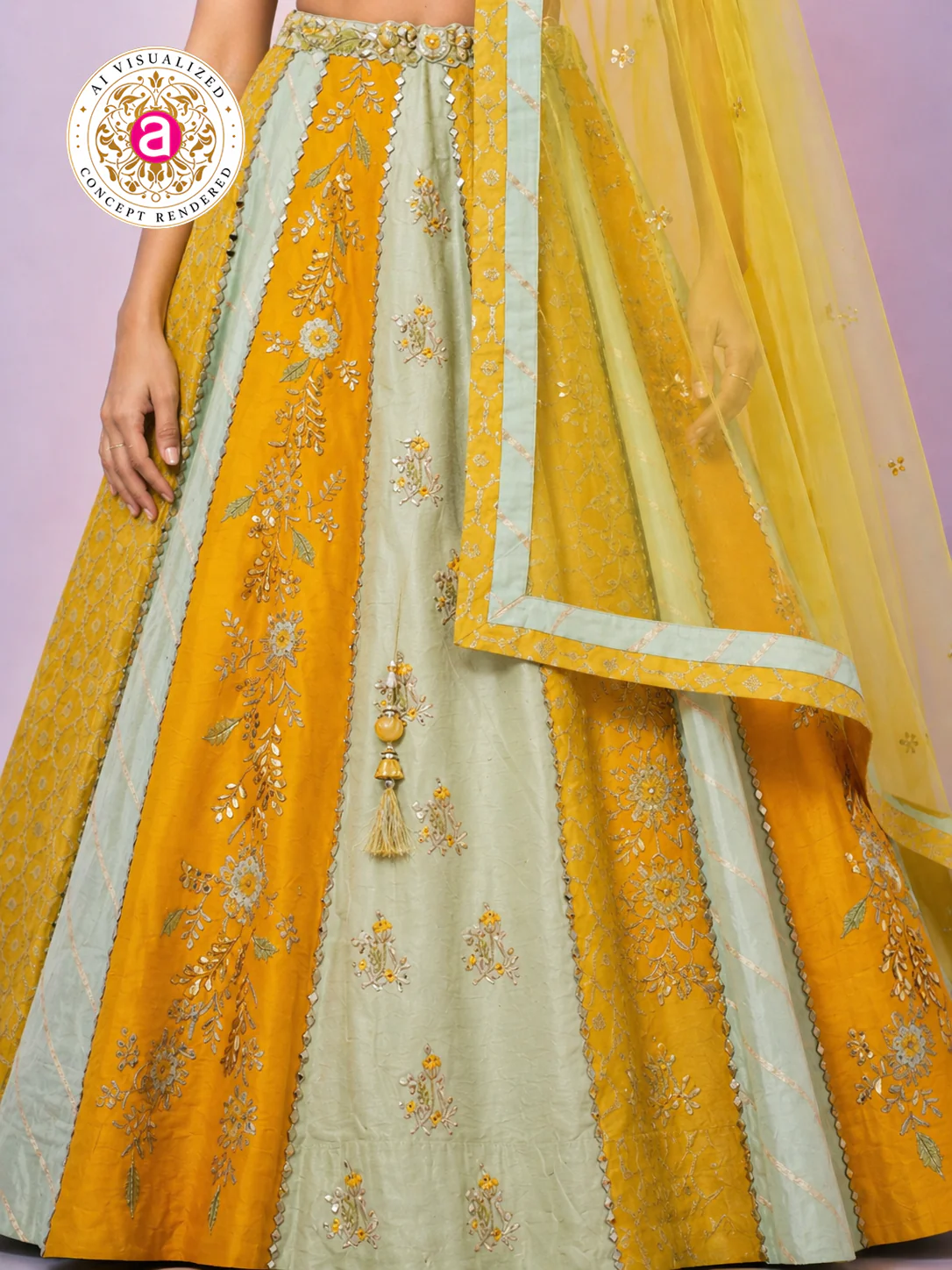 Mustard Yellow & Mint Green Designer Lehenga Choli with Embroidered Panels and Net Dupatta - Image 7