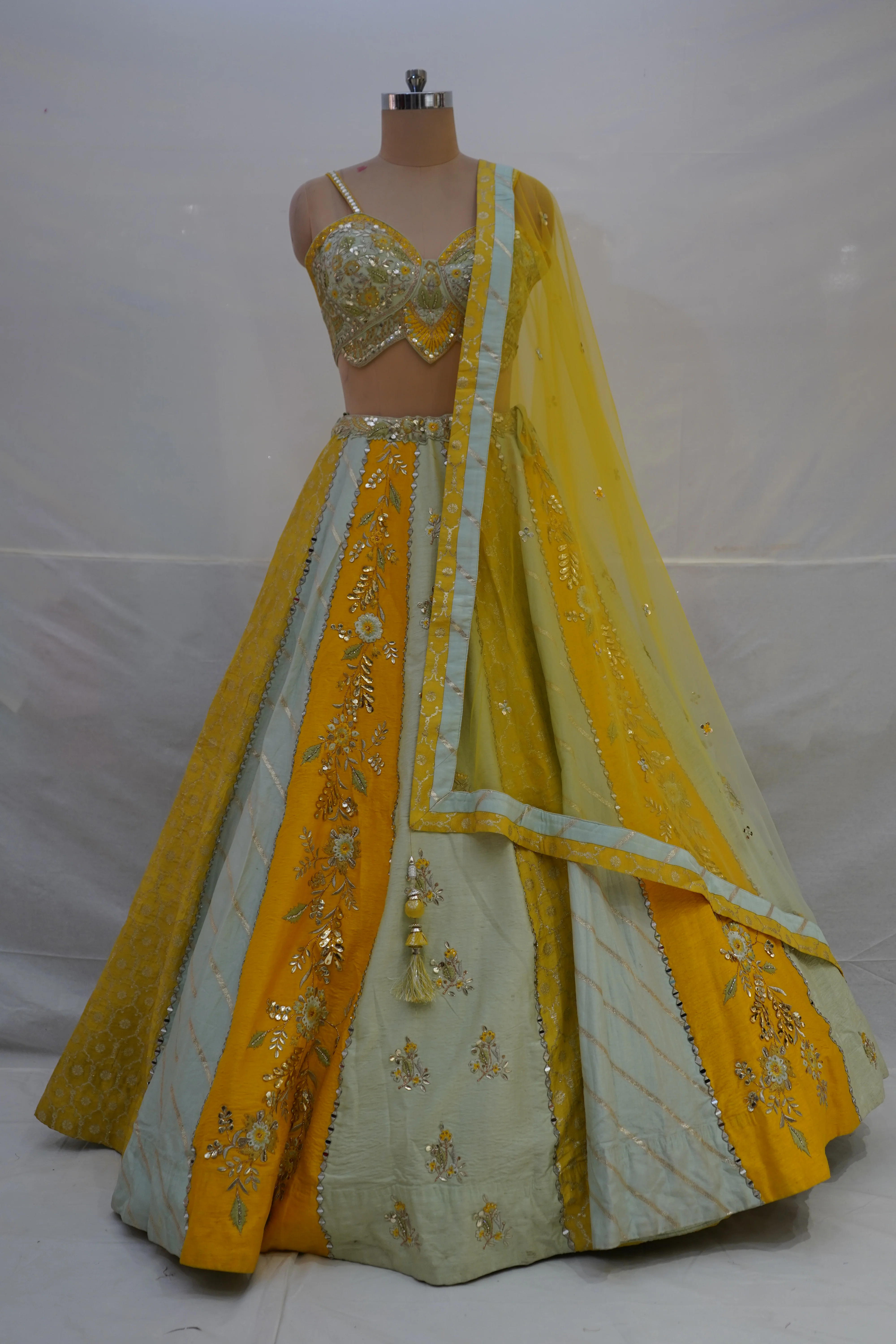 Mustard Yellow & Mint Green Designer Lehenga Choli with Embroidered Panels and Net Dupatta - Image 8