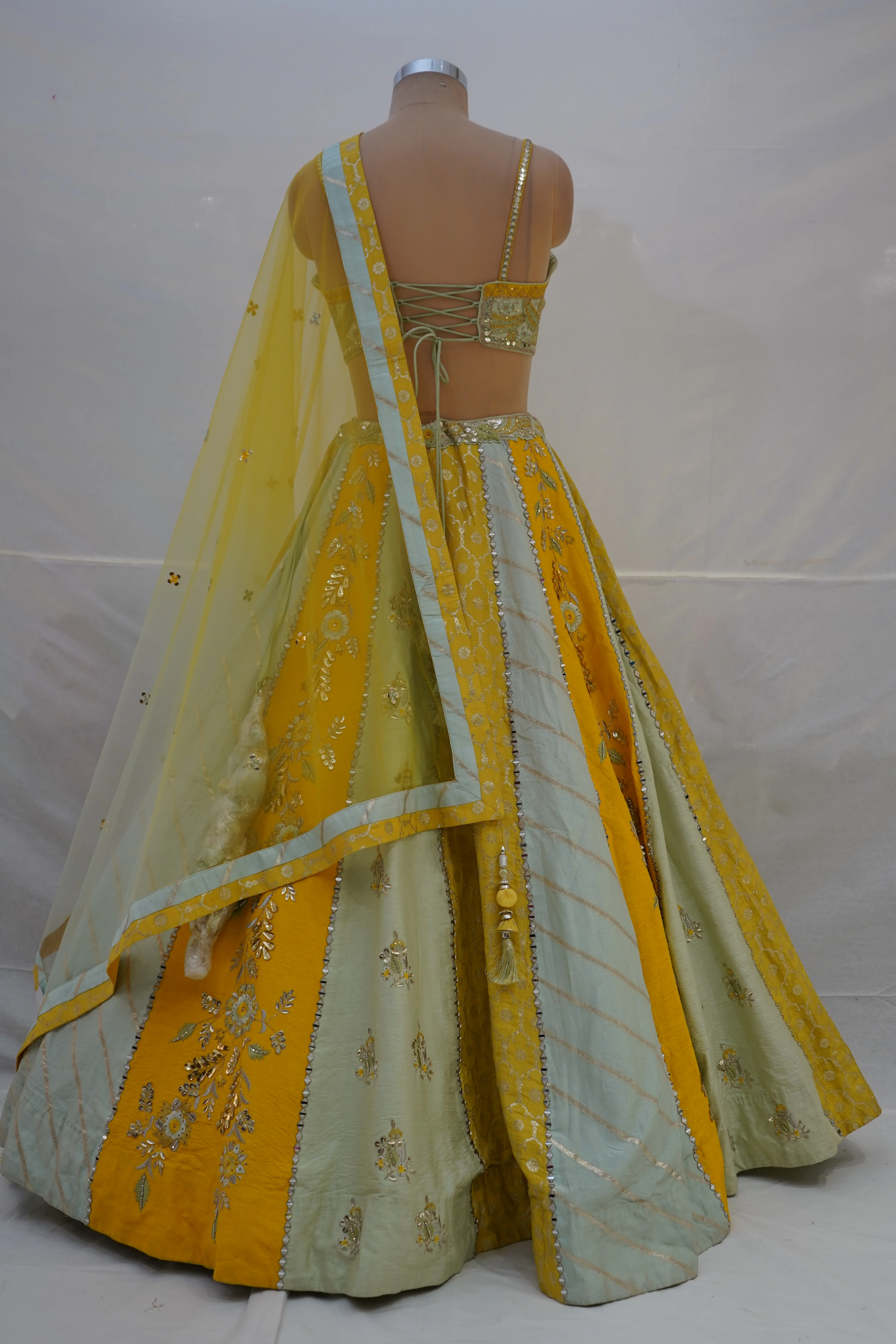 Mustard Yellow & Mint Green Designer Lehenga Choli with Embroidered Panels and Net Dupatta - Image 9