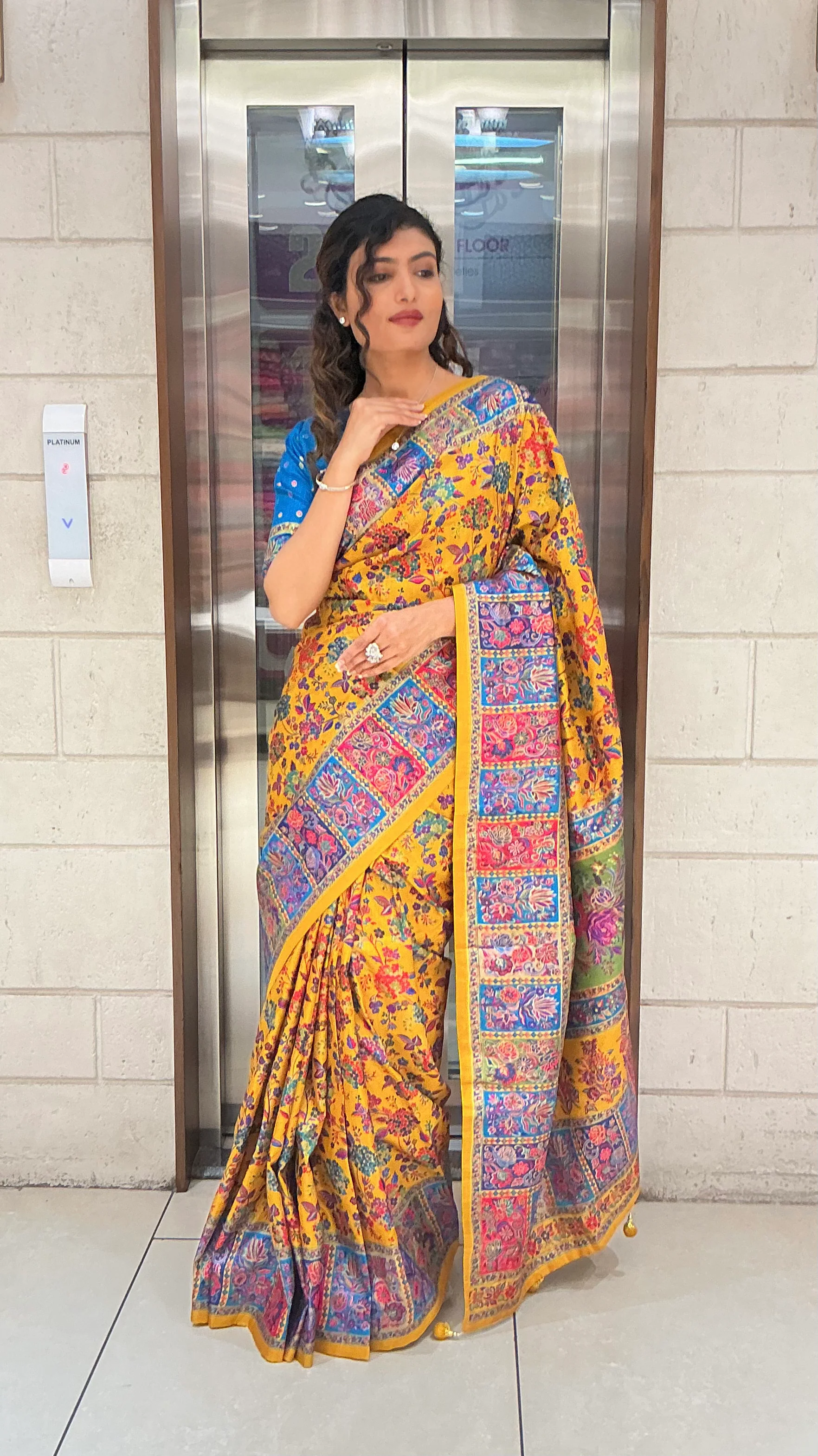 Mustard Yellow Multicolour Heritage Print Designer Saree with Contrast Border - Image 3