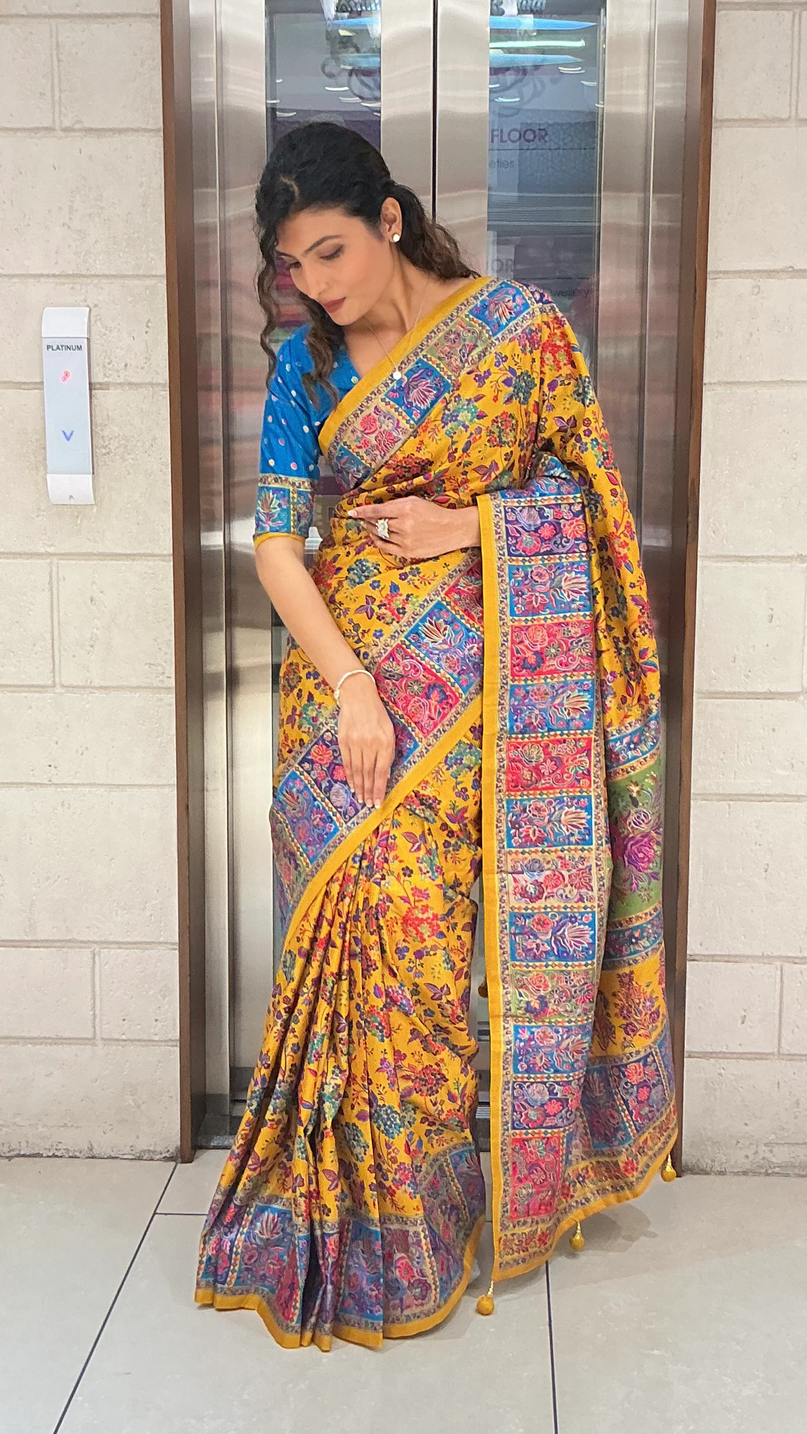 Mustard Yellow Multicolour Heritage Print Designer Saree with Contrast Border - Image 4