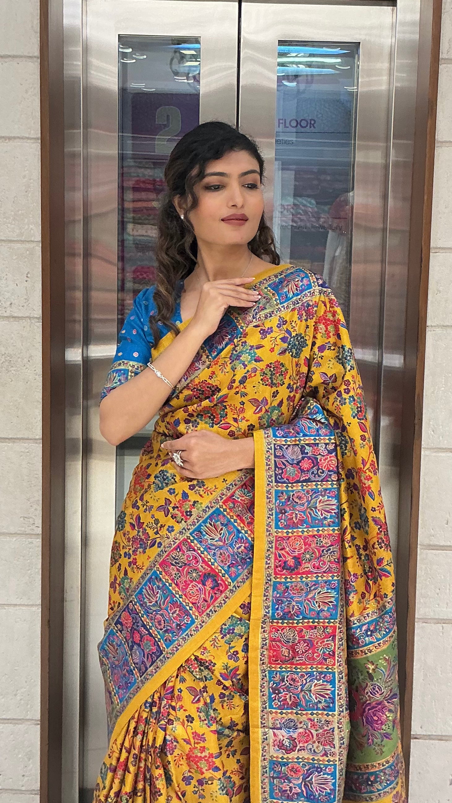 Mustard Yellow Multicolour Heritage Print Designer Saree with Contrast Border - Image 5