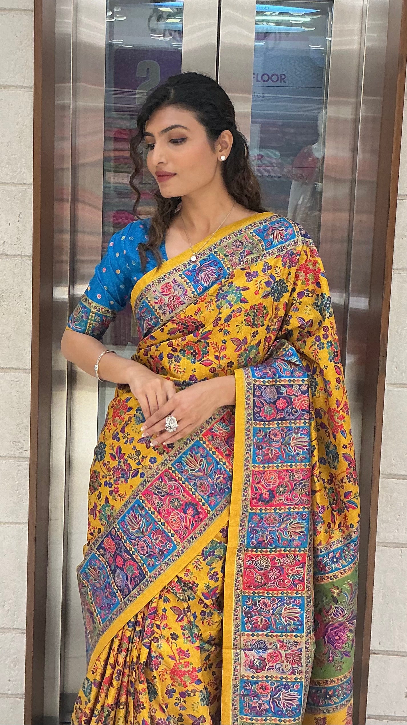 Mustard Yellow Multicolour Heritage Print Designer Saree with Contrast Border - Image 6