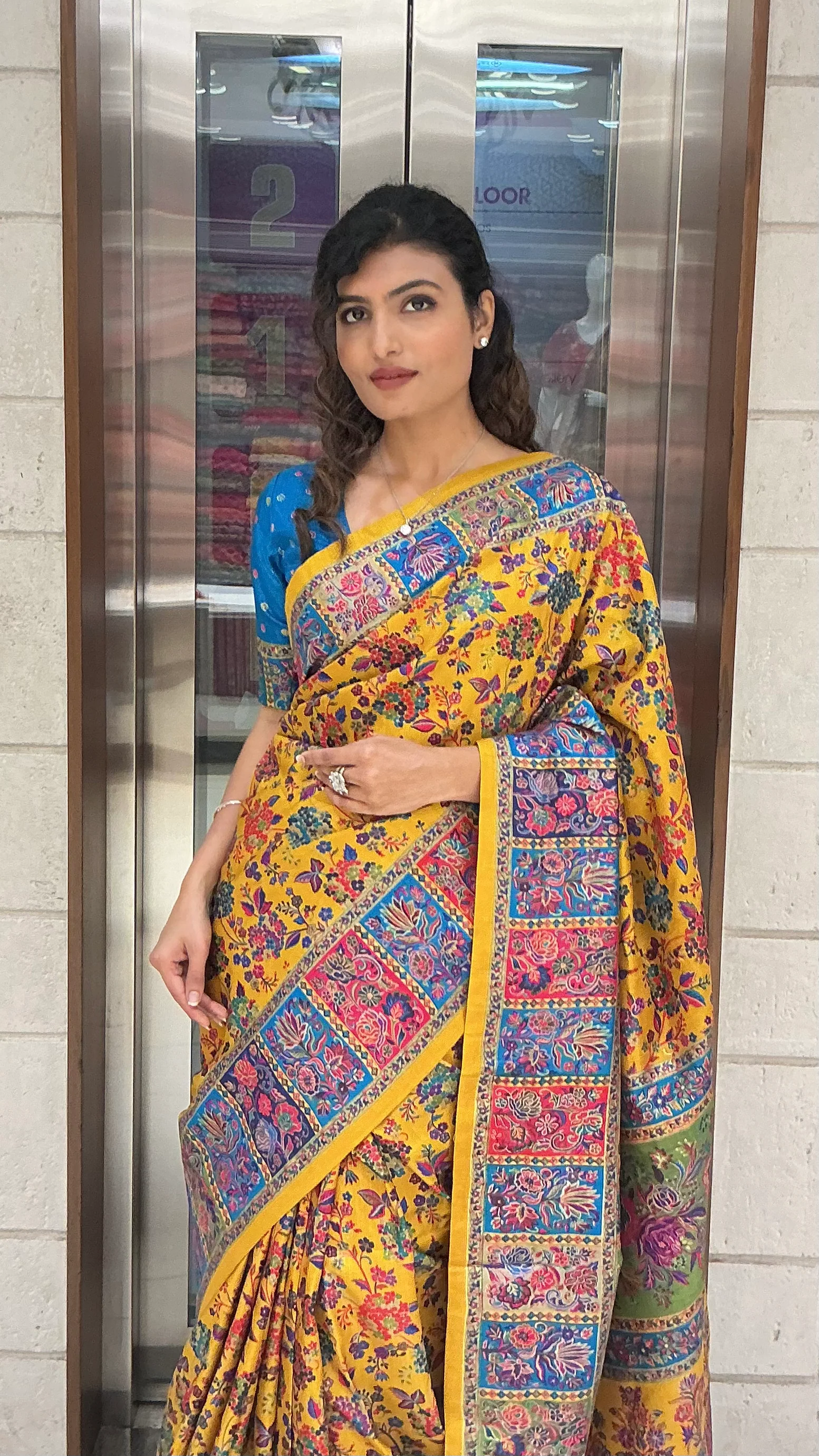 Mustard Yellow Multicolour Heritage Print Designer Saree with Contrast Border - Image 7