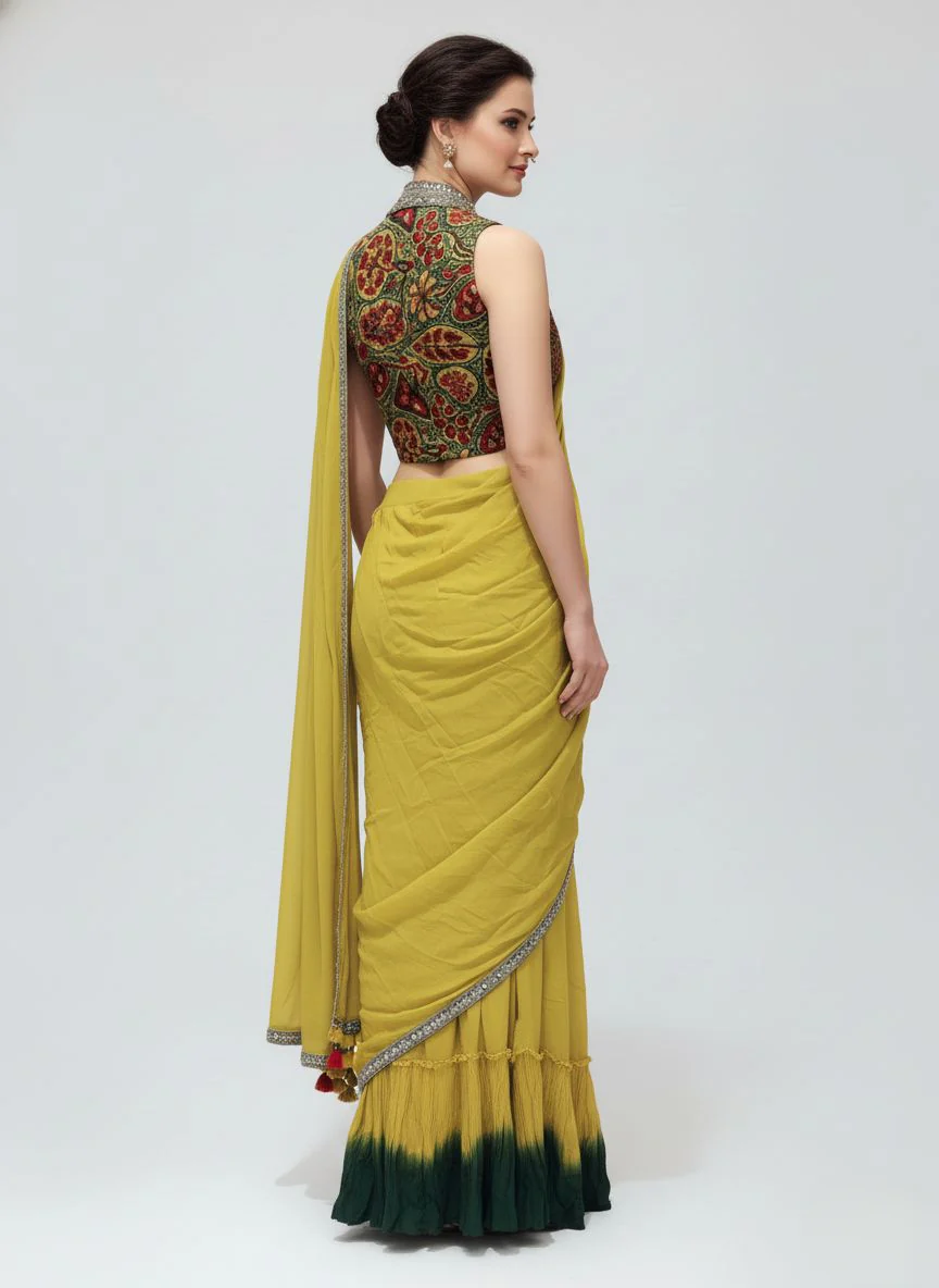 Mustard Yellow Ombre Georgette Saree with Embellished Border & Designer Blouse - Image 5
