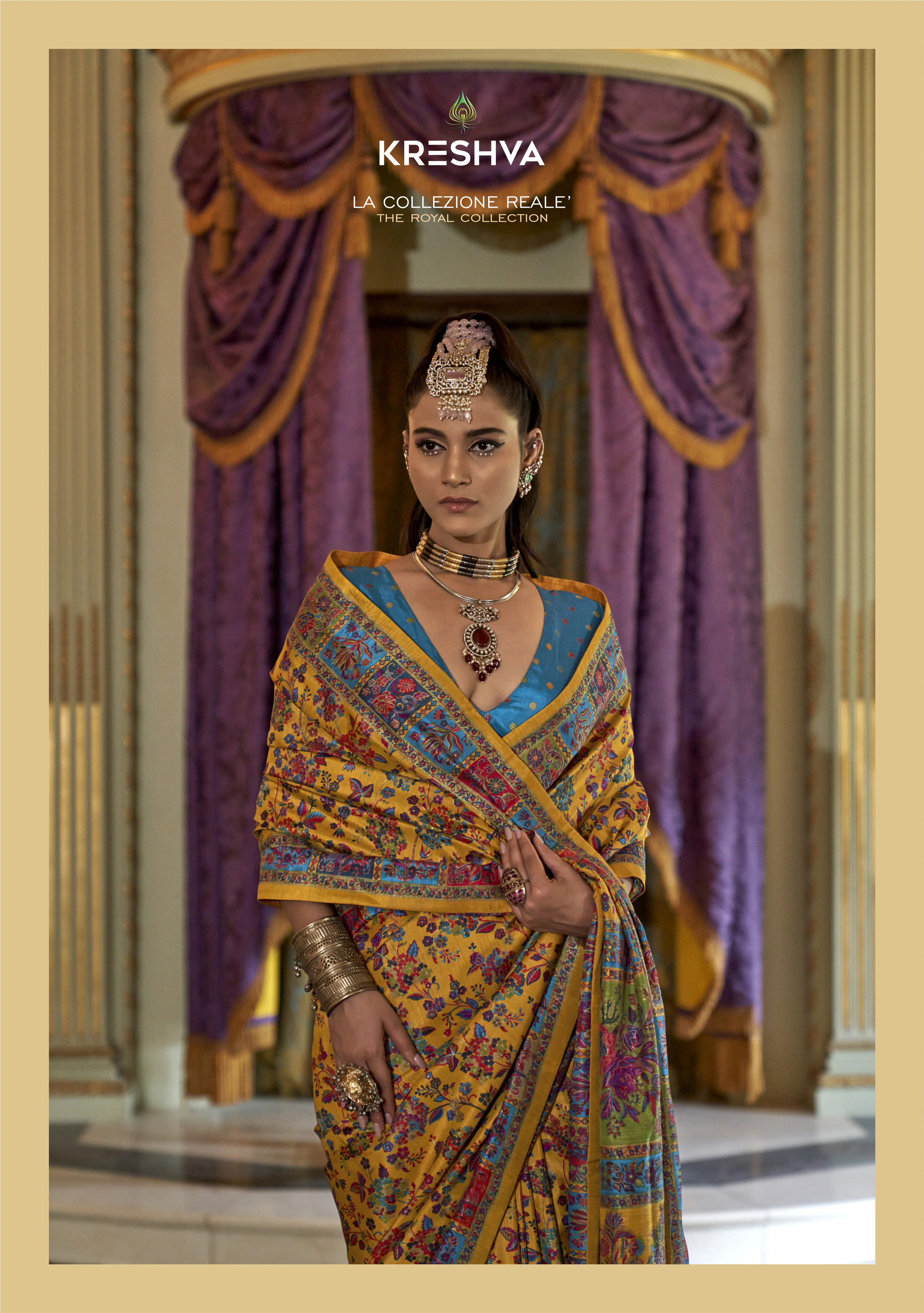 Mustard Yellow Pashmina Inspired Heritage Print Saree with Teal Blue Blouse - Image 2