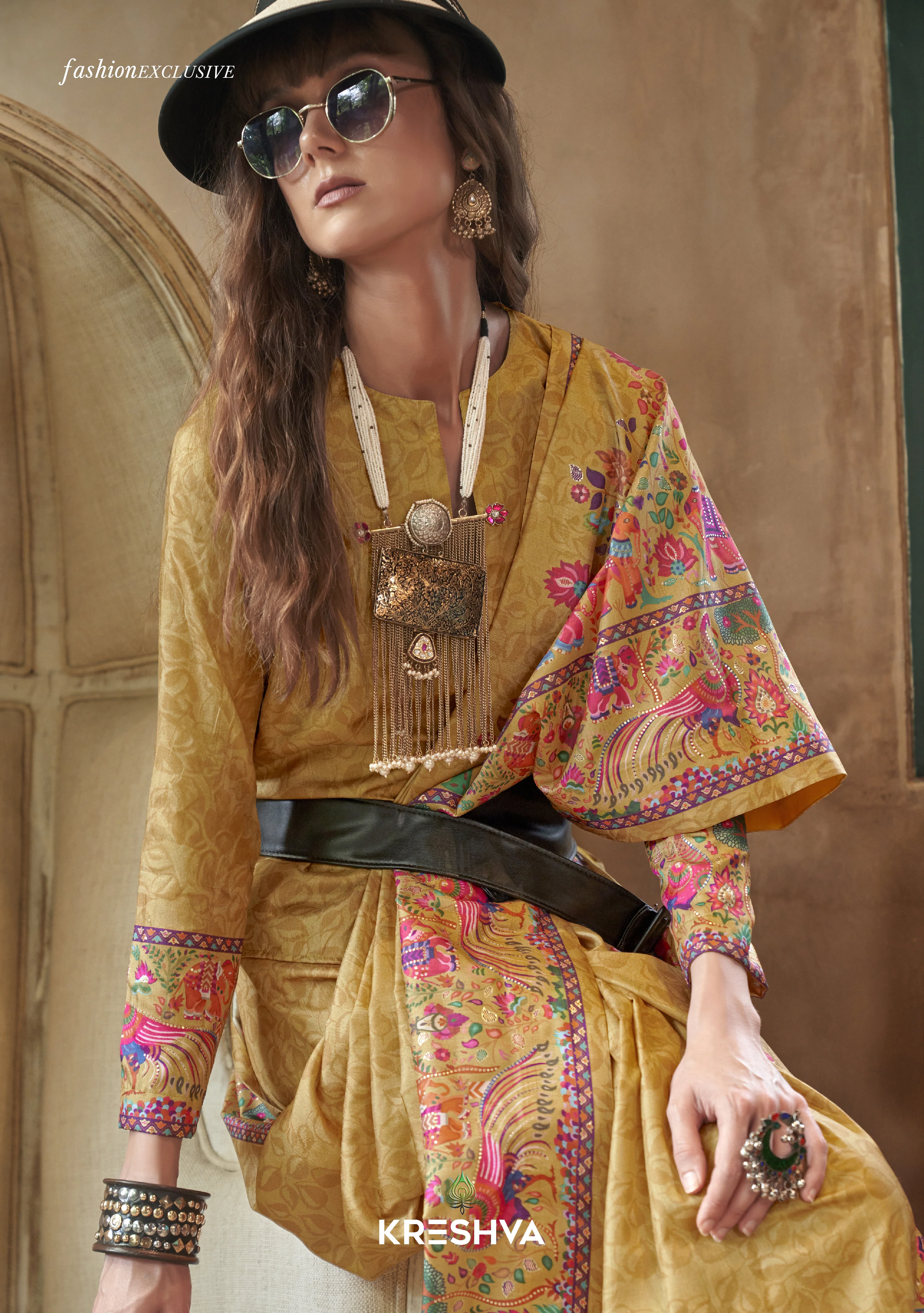Mustard Yellow Pashmina Prints Inspired Designer Saree with Folk Motifs - Image 2