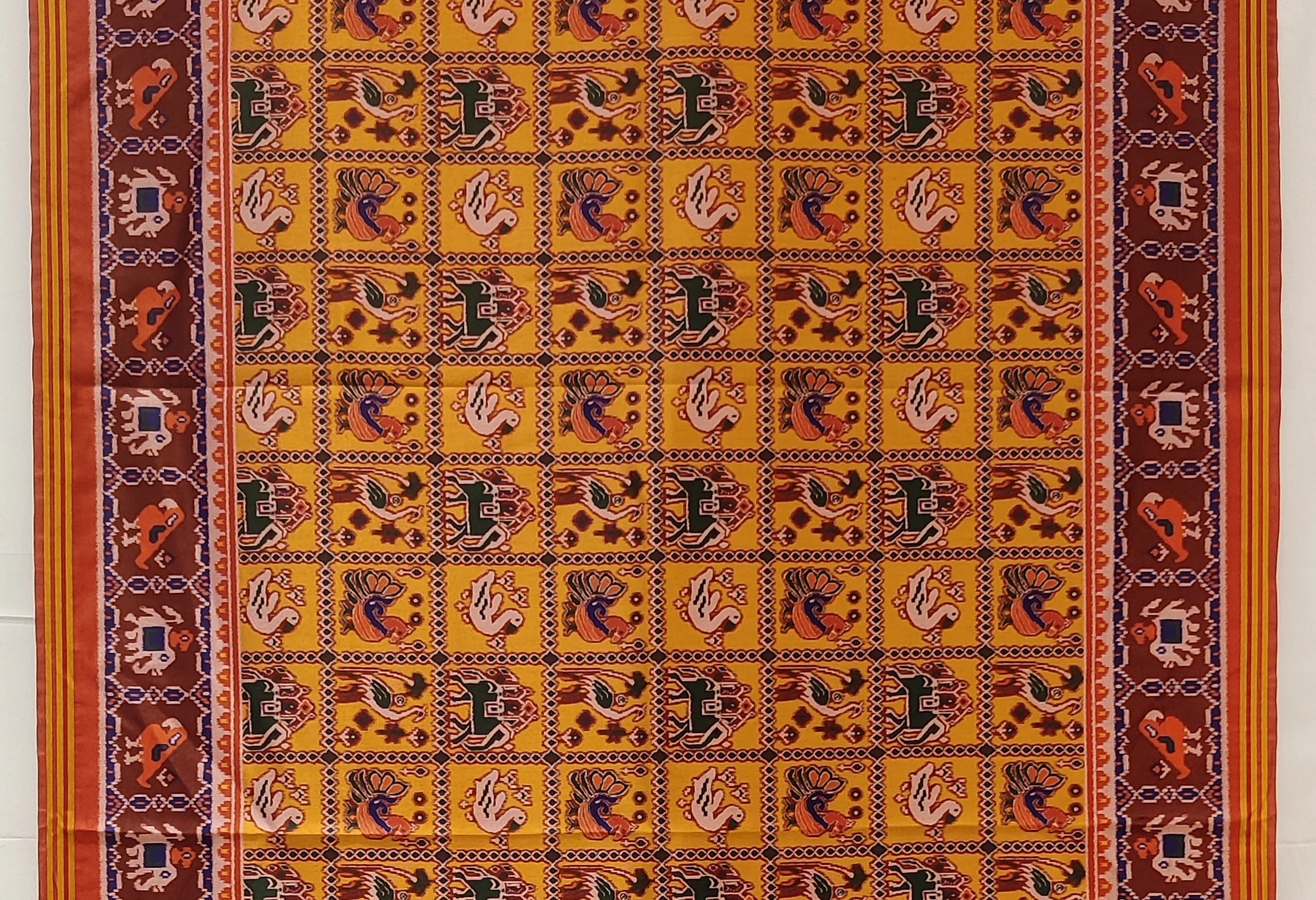 Mustard Yellow Patola Inspired Silk Blend Saree with Traditional Gujarati Animal Motifs P64 - Image 2