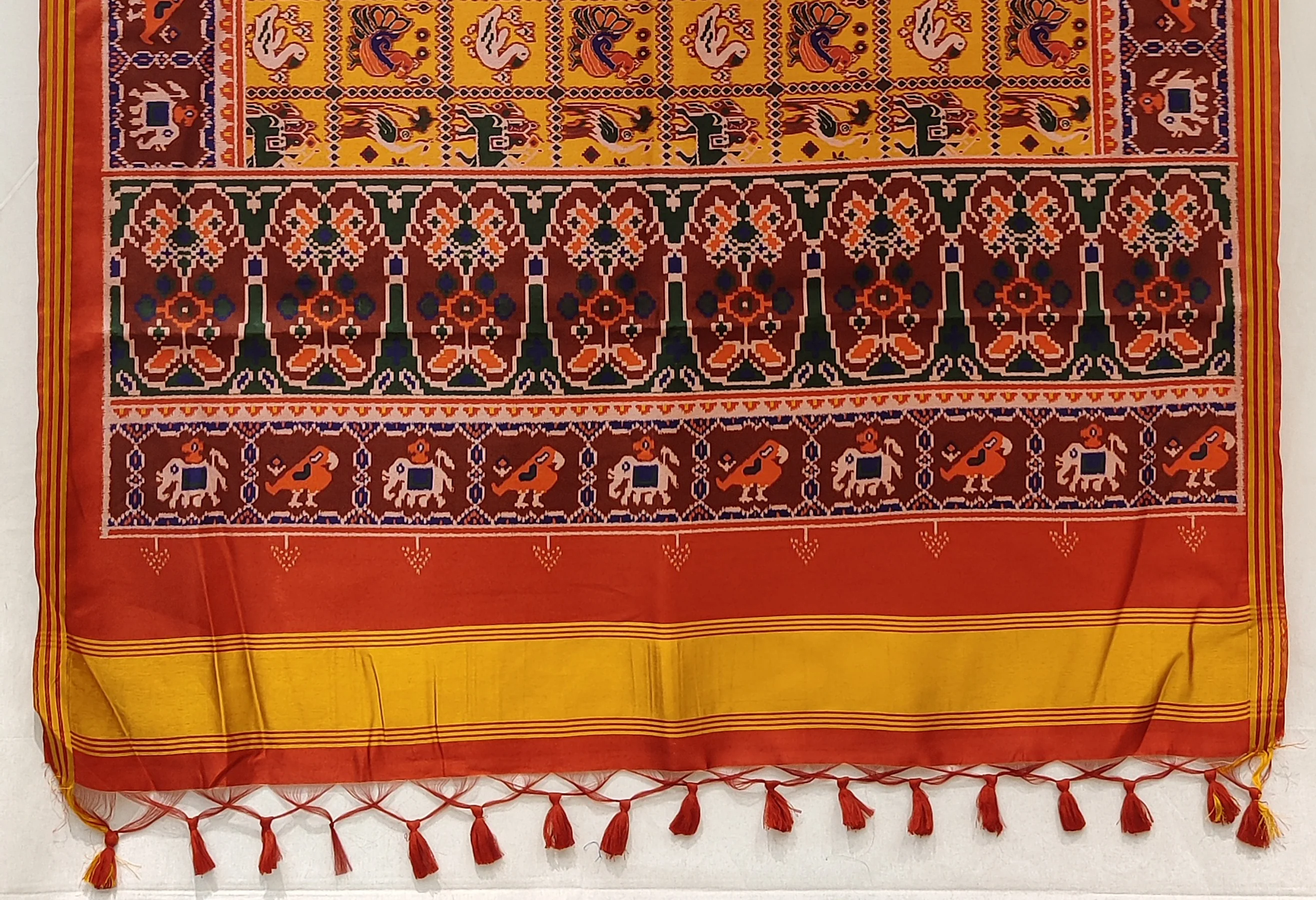 Mustard Yellow Patola Inspired Silk Blend Saree with Traditional Gujarati Animal Motifs P64 - Image 3