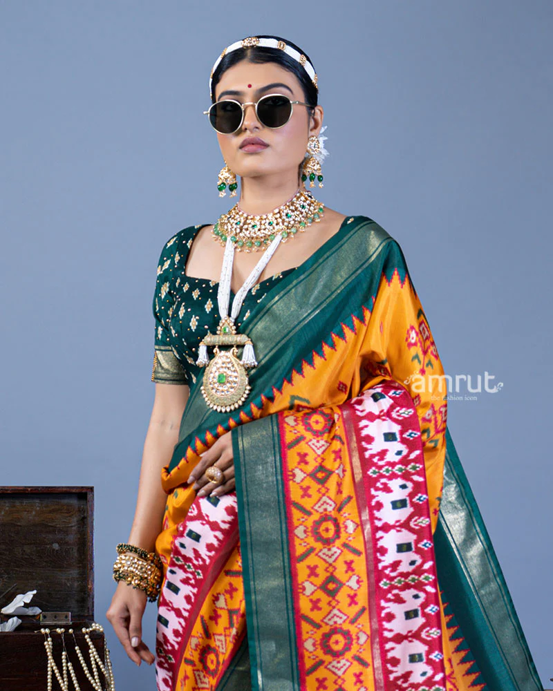 Mustard Yellow Patola Printed Viscose Silk Saree with Green Border and Unstitched Blouse - Image 2