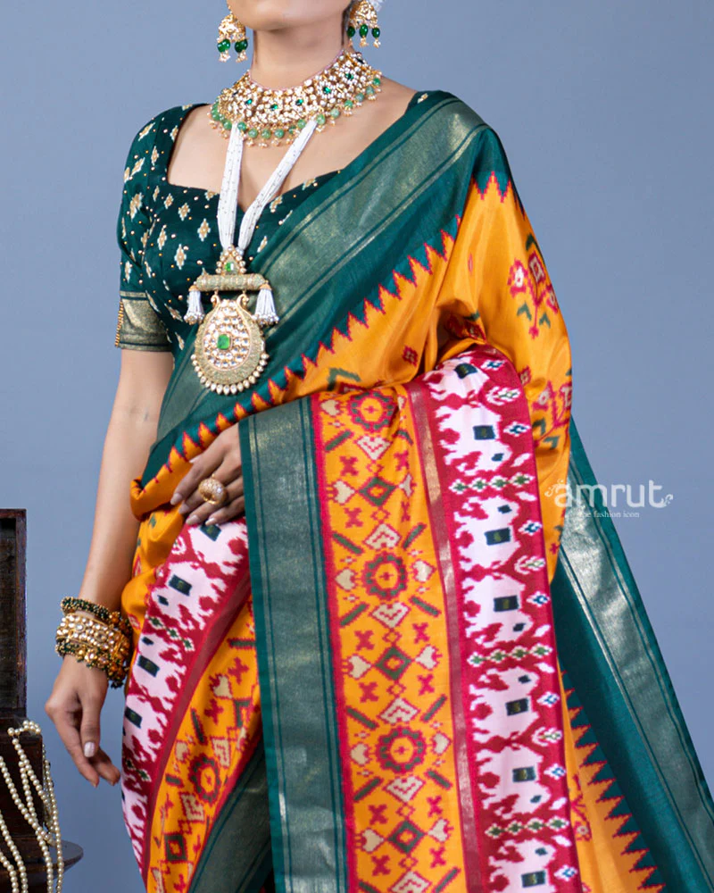 Mustard Yellow Patola Printed Viscose Silk Saree with Green Border and Unstitched Blouse - Image 3