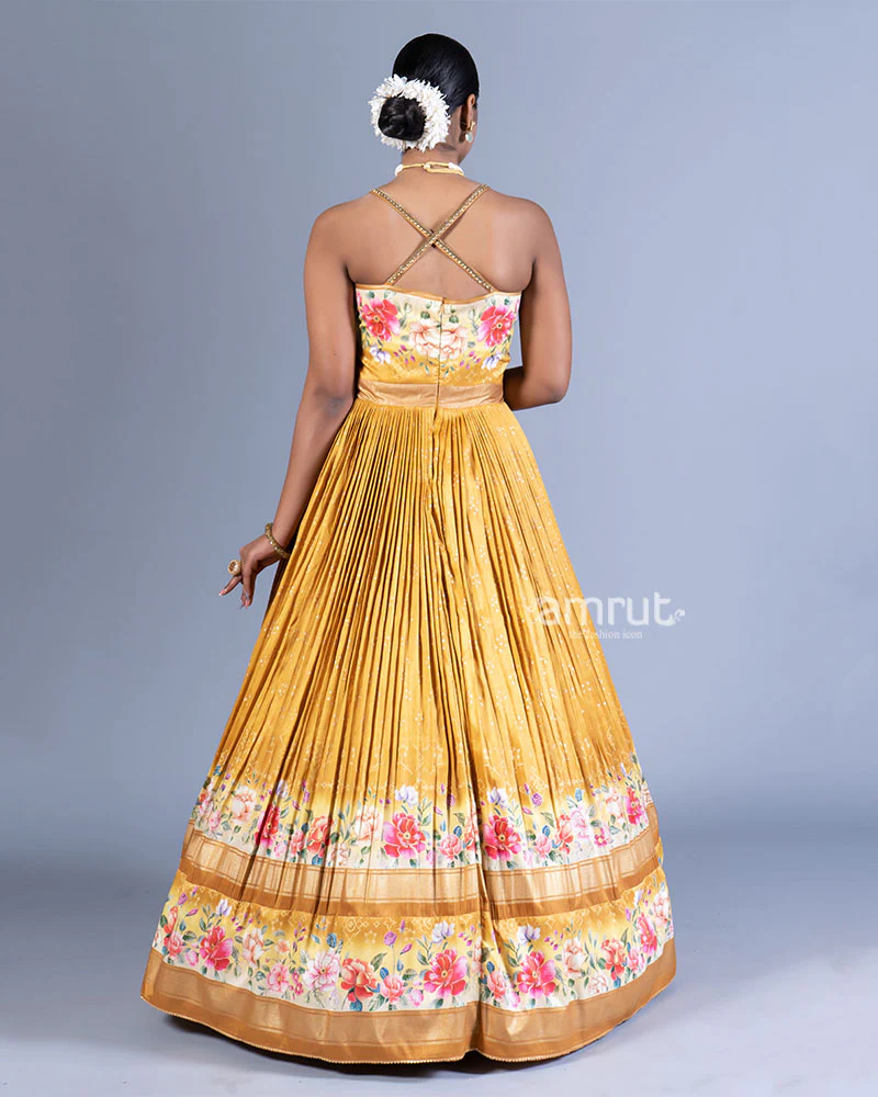 Mustard Yellow Pleated Floral Printed Gown - Image 3