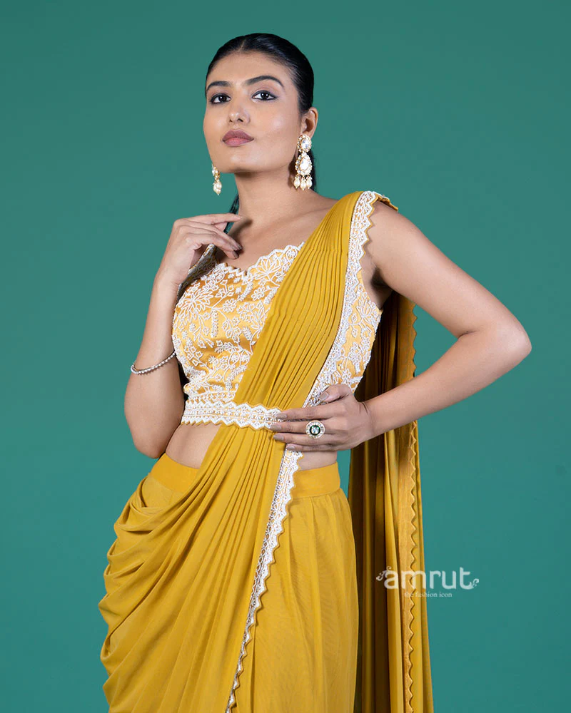 Mustard Yellow Ready-to-Wear Saree with Embroidered Sleeveless Blouse - Image 2