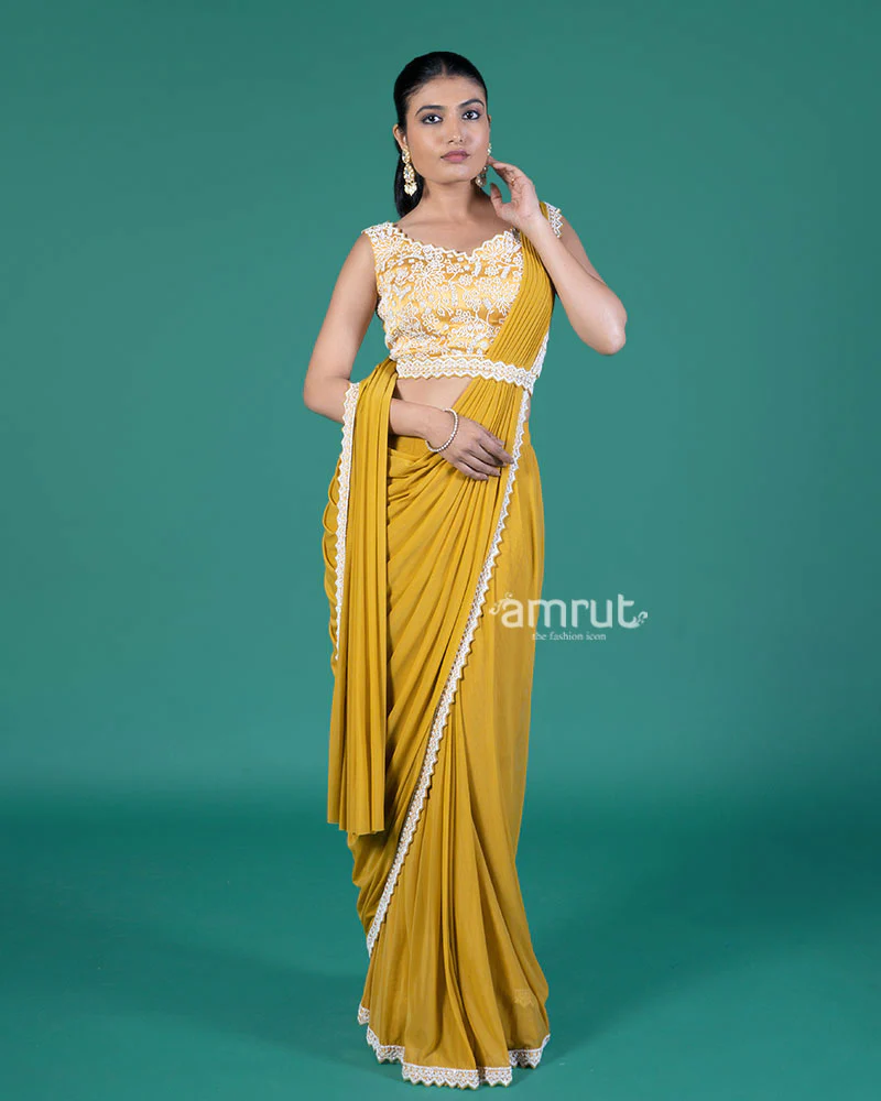 Mustard Yellow Ready-to-Wear Saree with Embroidered Sleeveless Blouse - Image 4