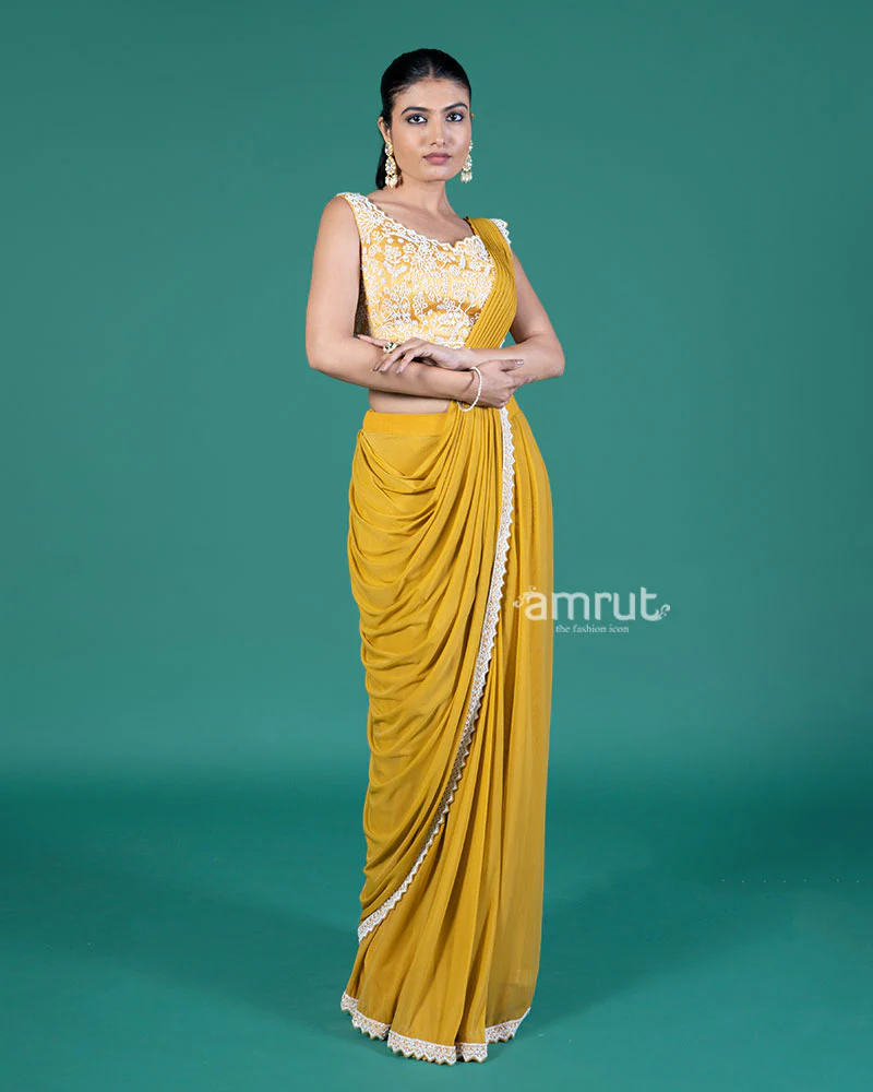 Mustard Yellow Ready-to-Wear Saree with Embroidered Sleeveless Blouse - Image 5