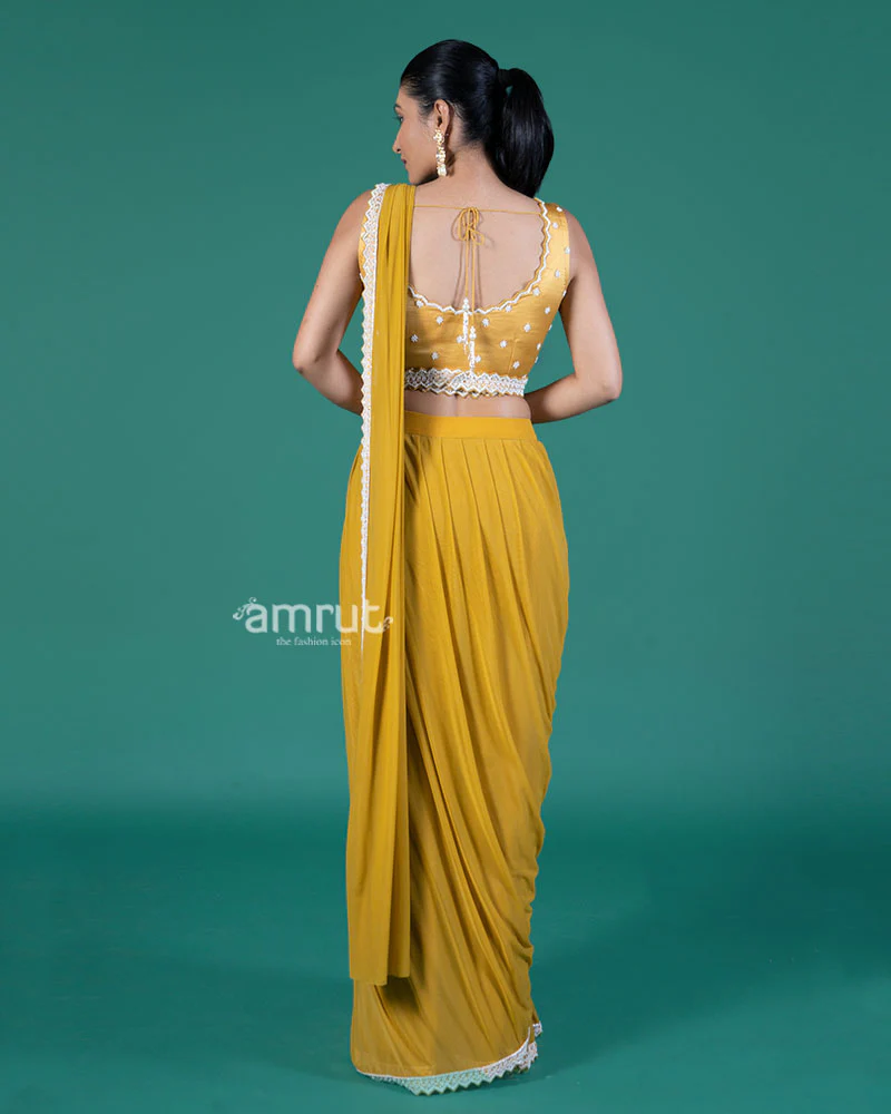 Mustard Yellow Ready-to-Wear Saree with Embroidered Sleeveless Blouse - Image 6