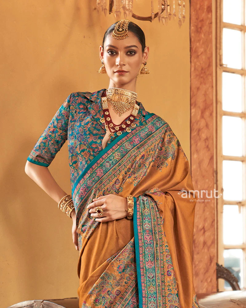 Mustard Yellow Saree with Multicolored Paisley Print and Unstitched Blouse - Image 2