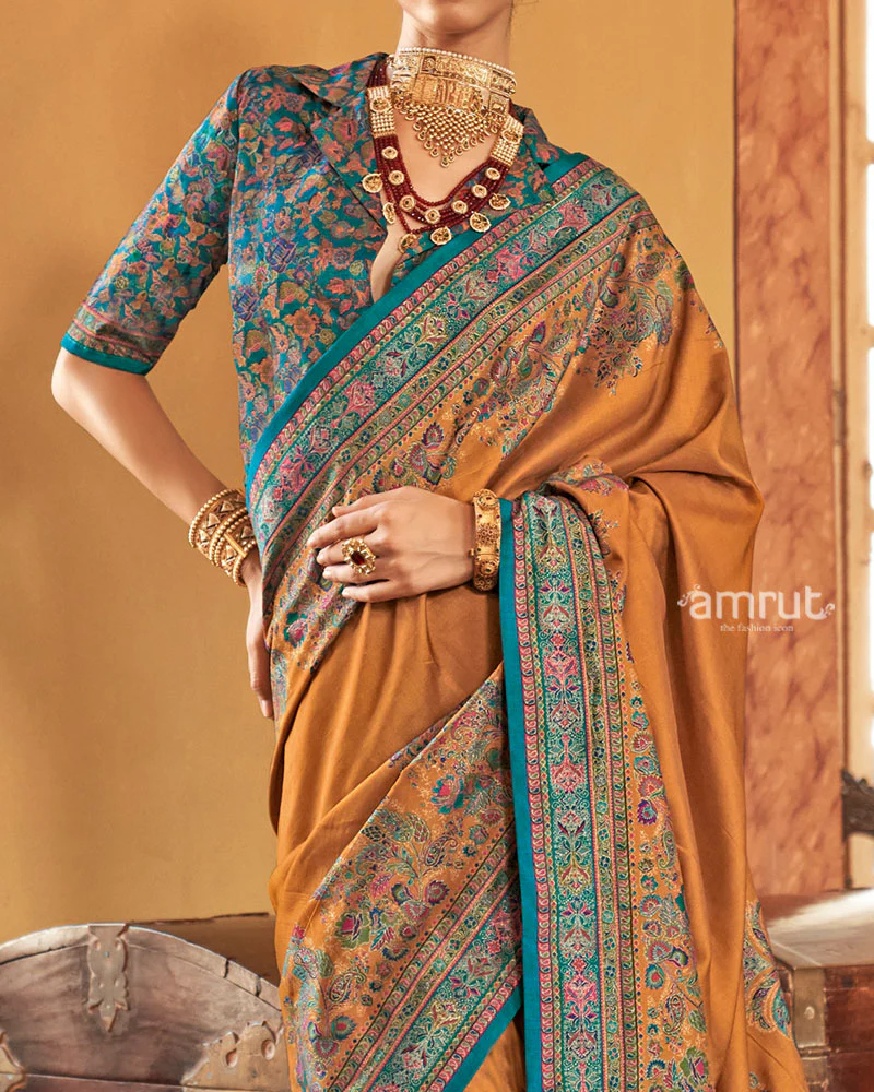 Mustard Yellow Saree with Multicolored Paisley Print and Unstitched Blouse - Image 3