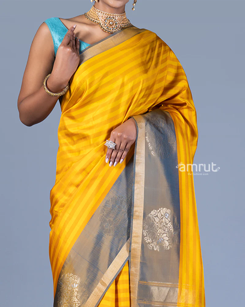 Mustard Yellow Striped Saree with Zari Gray Border Embellishment with Unstitched Blouse - Image 3
