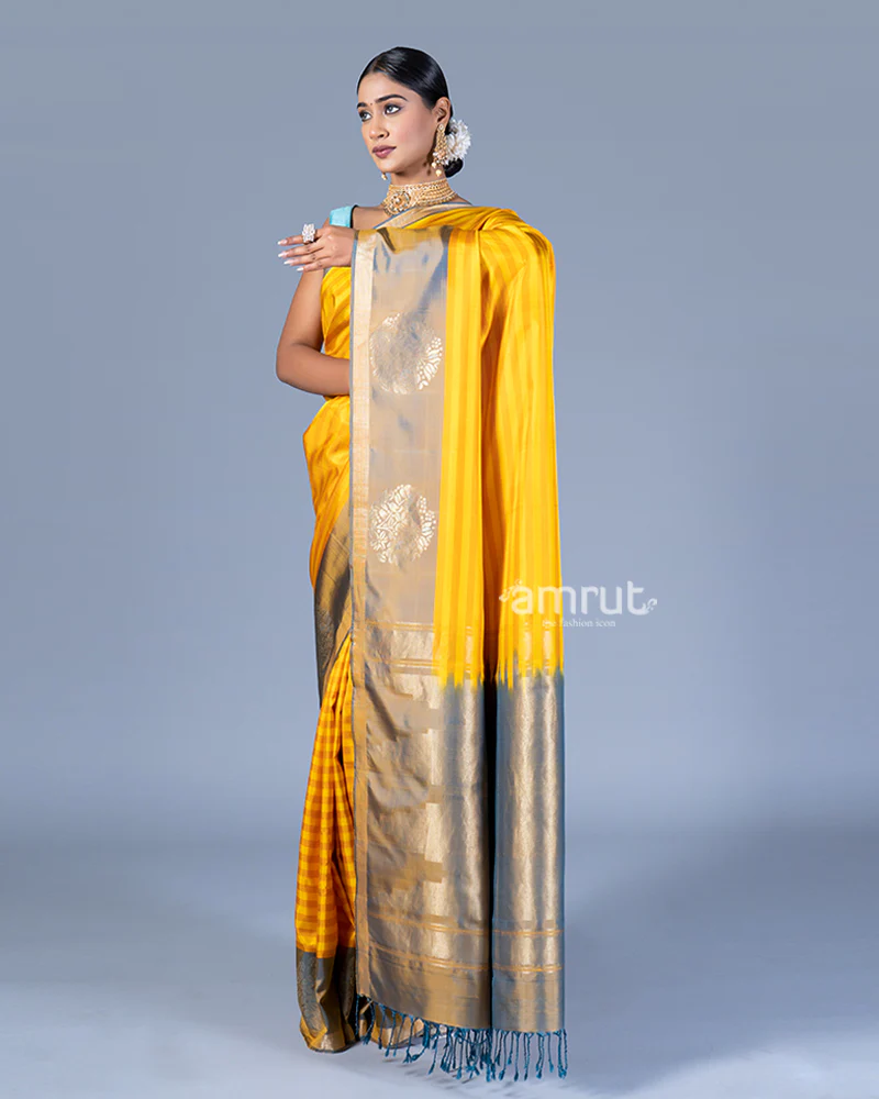 Mustard Yellow Striped Saree with Zari Gray Border Embellishment with Unstitched Blouse - Image 4