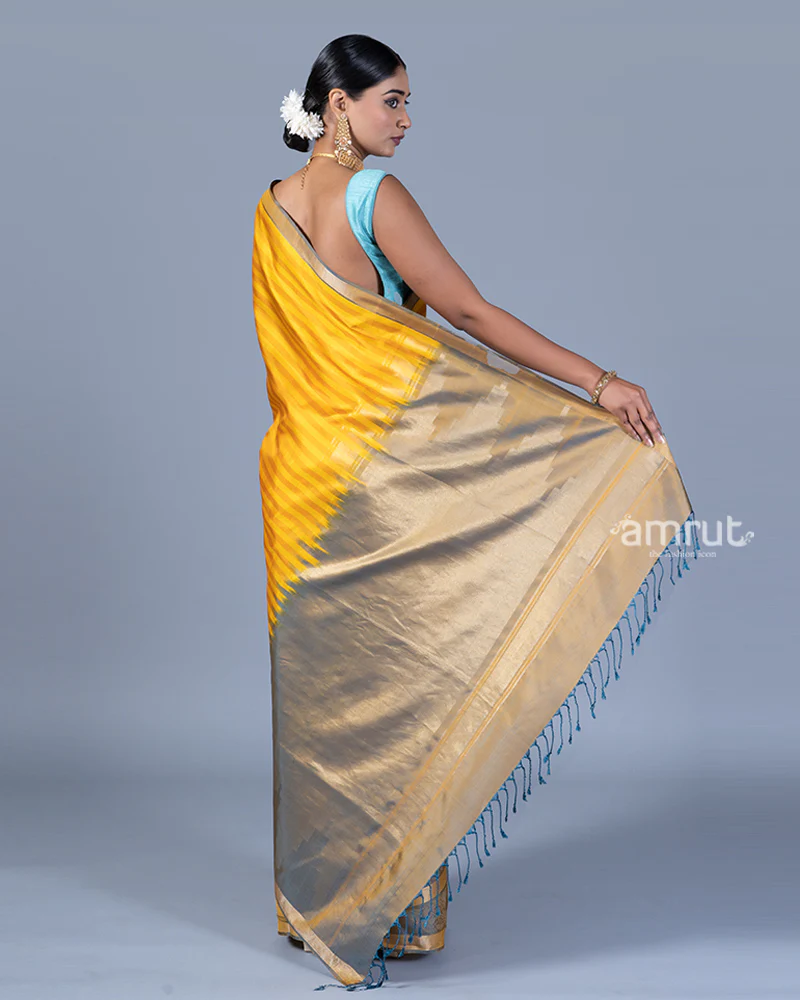 Mustard Yellow Striped Saree with Zari Gray Border Embellishment with Unstitched Blouse - Image 5
