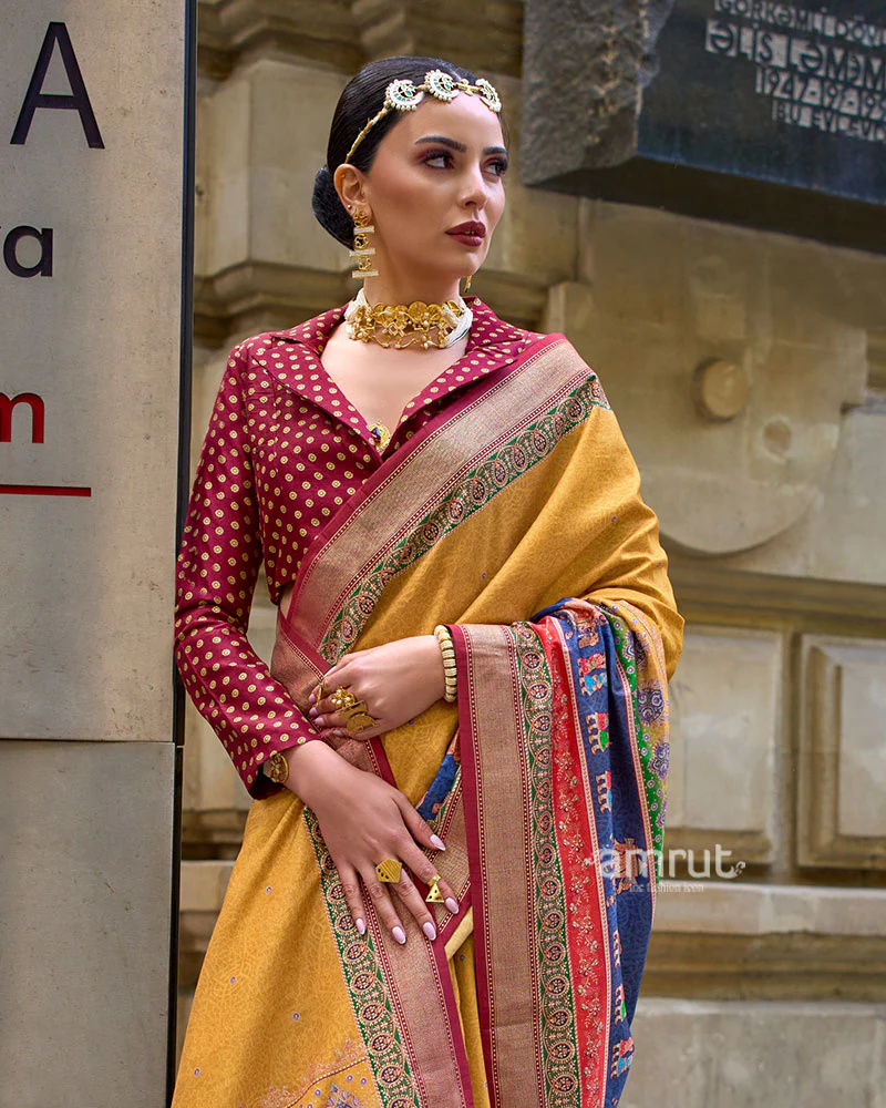 Mustard Yellow Woven Silk Saree with Maroon Border and Unstitched Blouse - Image 2