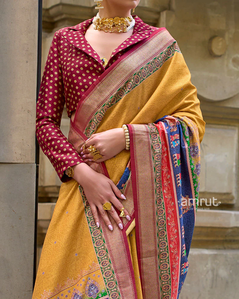 Mustard Yellow Woven Silk Saree with Maroon Border and Unstitched Blouse - Image 3