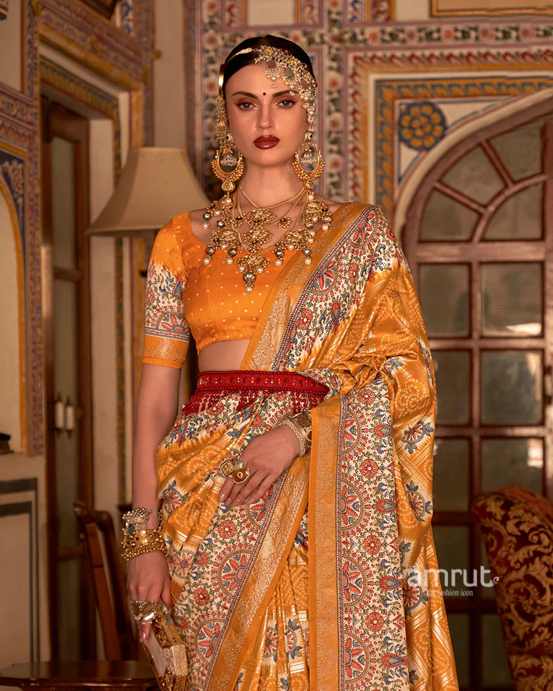 Musturd Yellow and Cream Bandhani Saree with Unstitched Blouse - Image 2