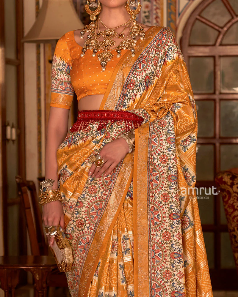 Musturd Yellow and Cream Bandhani Saree with Unstitched Blouse - Image 3