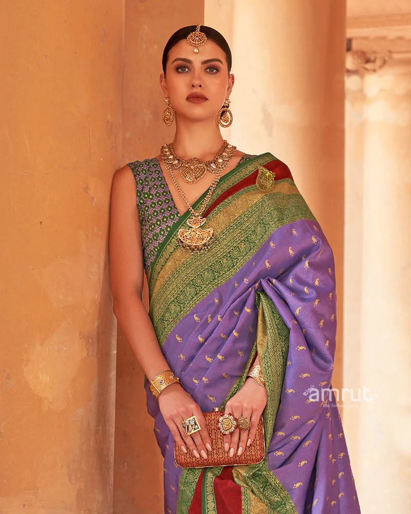 Muted Lavender and Green Border Printed Patola Silk Saree with Unstitched Blouse - Image 2