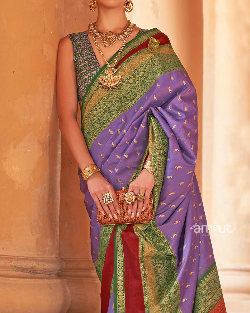 Muted Lavender and Green Border Printed Patola Silk Saree with Unstitched Blouse - Image 3