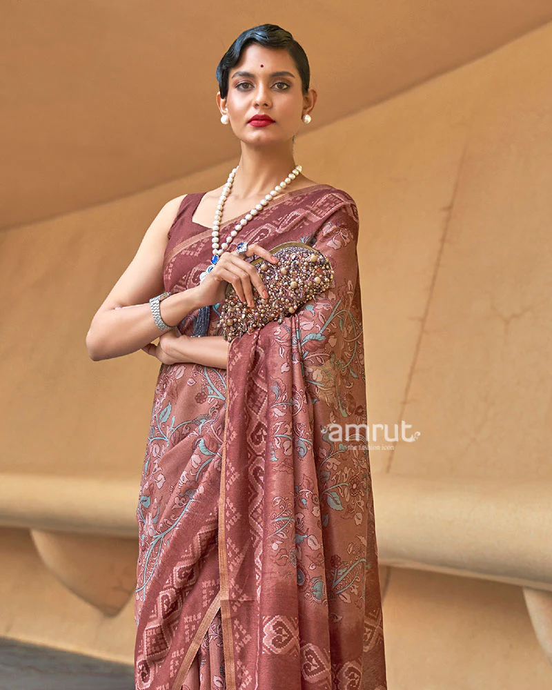 Muted Maroon Floral Printed Cotton Saree with Unstitched Blouse - Image 2