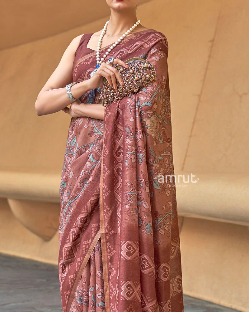 Muted Maroon Floral Printed Cotton Saree with Unstitched Blouse - Image 3