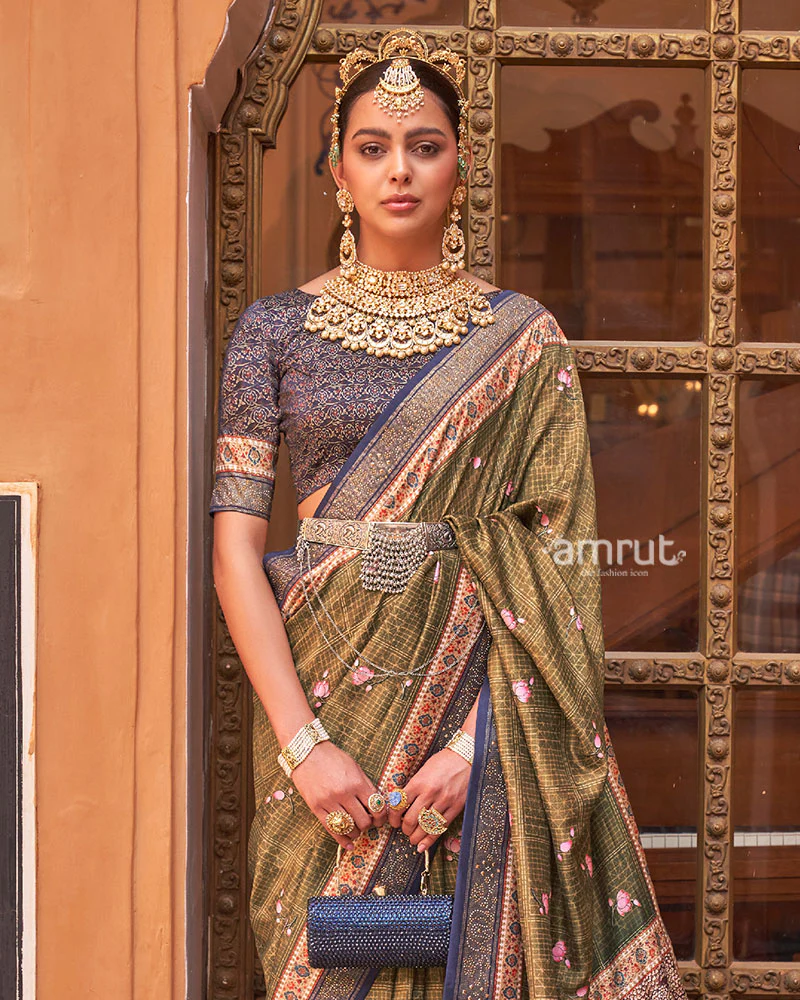 Muted Olive Green Digital Print Embellished Saree with Unstitched Blouse - Image 2