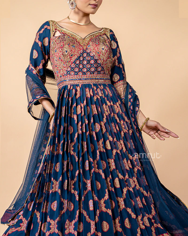 Navy Gown with Net Dupatta - Image 3