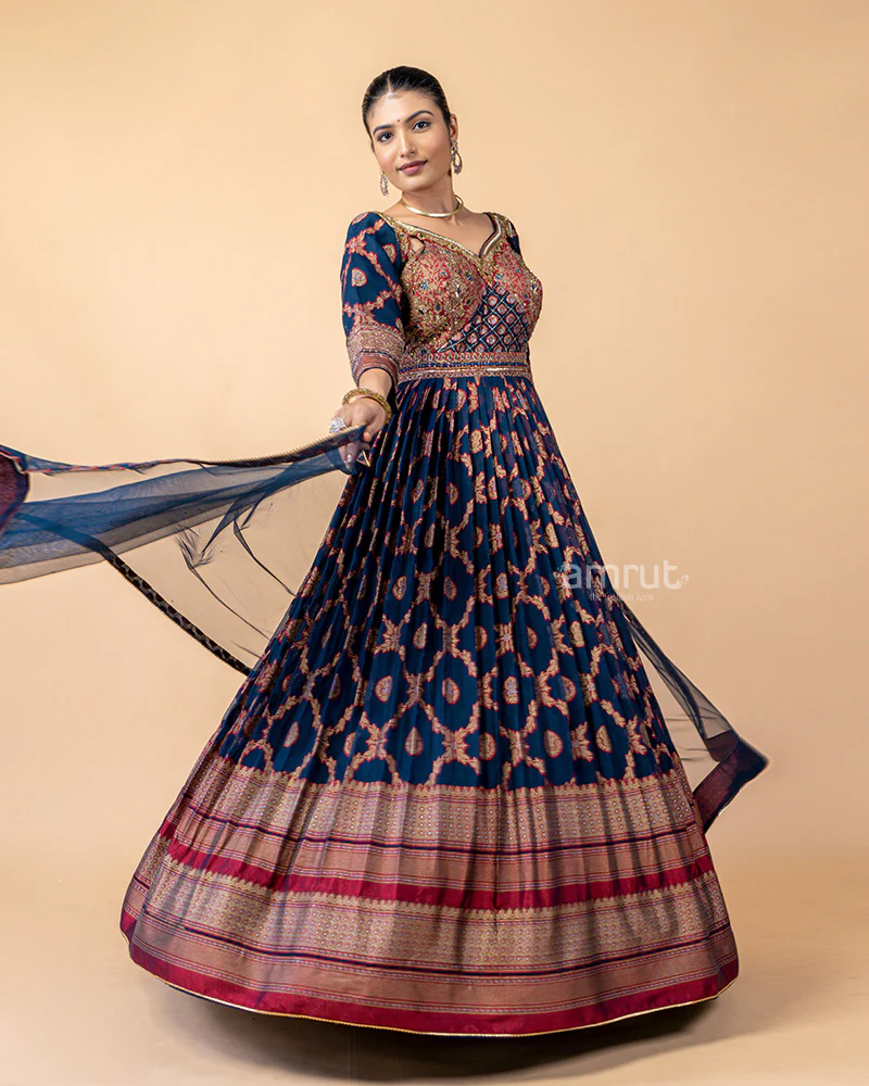 Navy Gown with Net Dupatta - Image 5