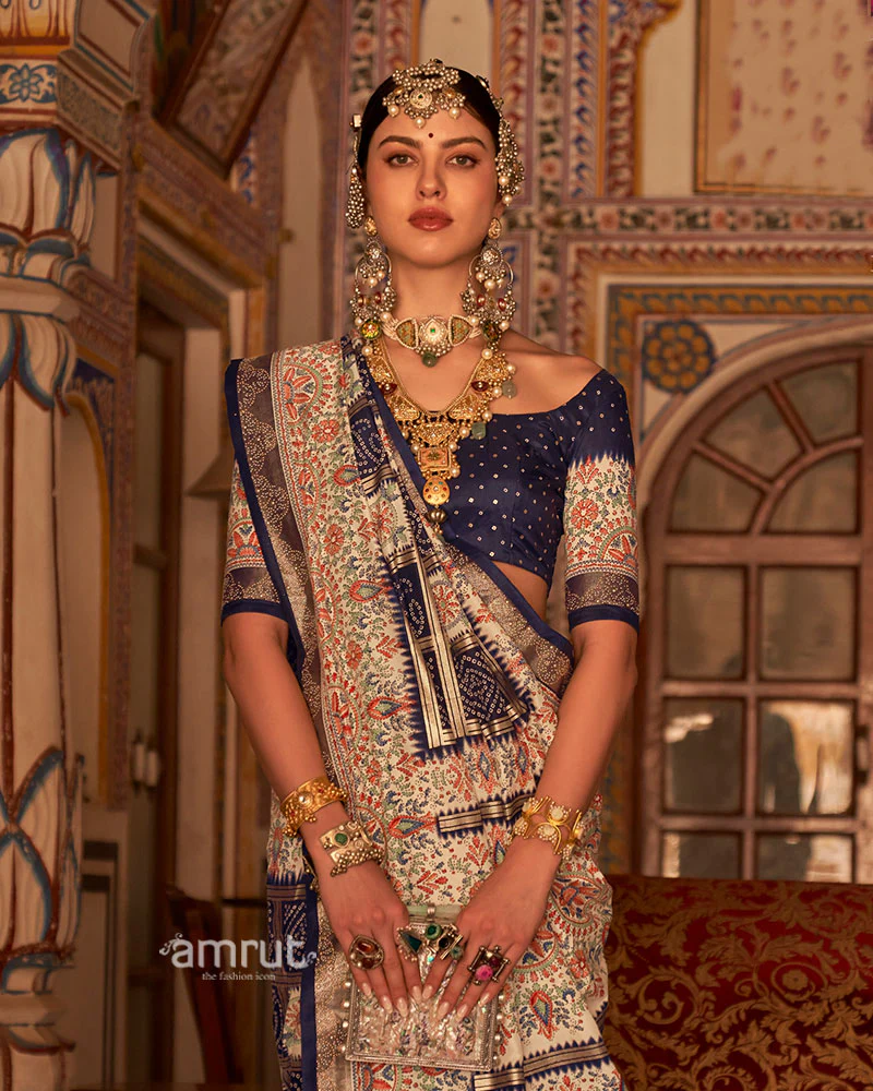 Navy Blue and Cream Bandhani Saree with Unstitched Blouse - Image 2