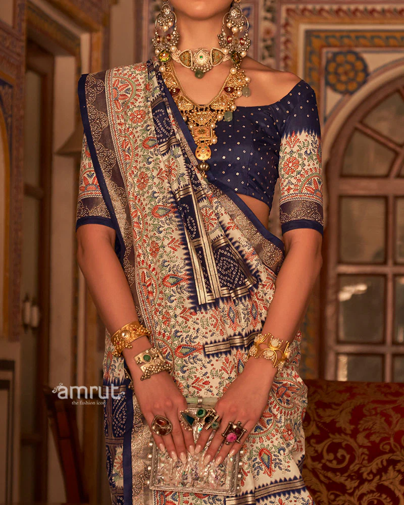 Navy Blue and Cream Bandhani Saree with Unstitched Blouse - Image 3