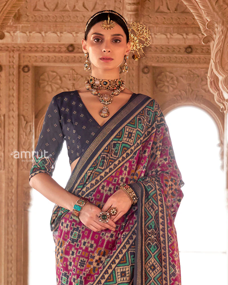 Navy Blue and Magenta Patola Printed Saree with Unstitched Blouse - Image 2