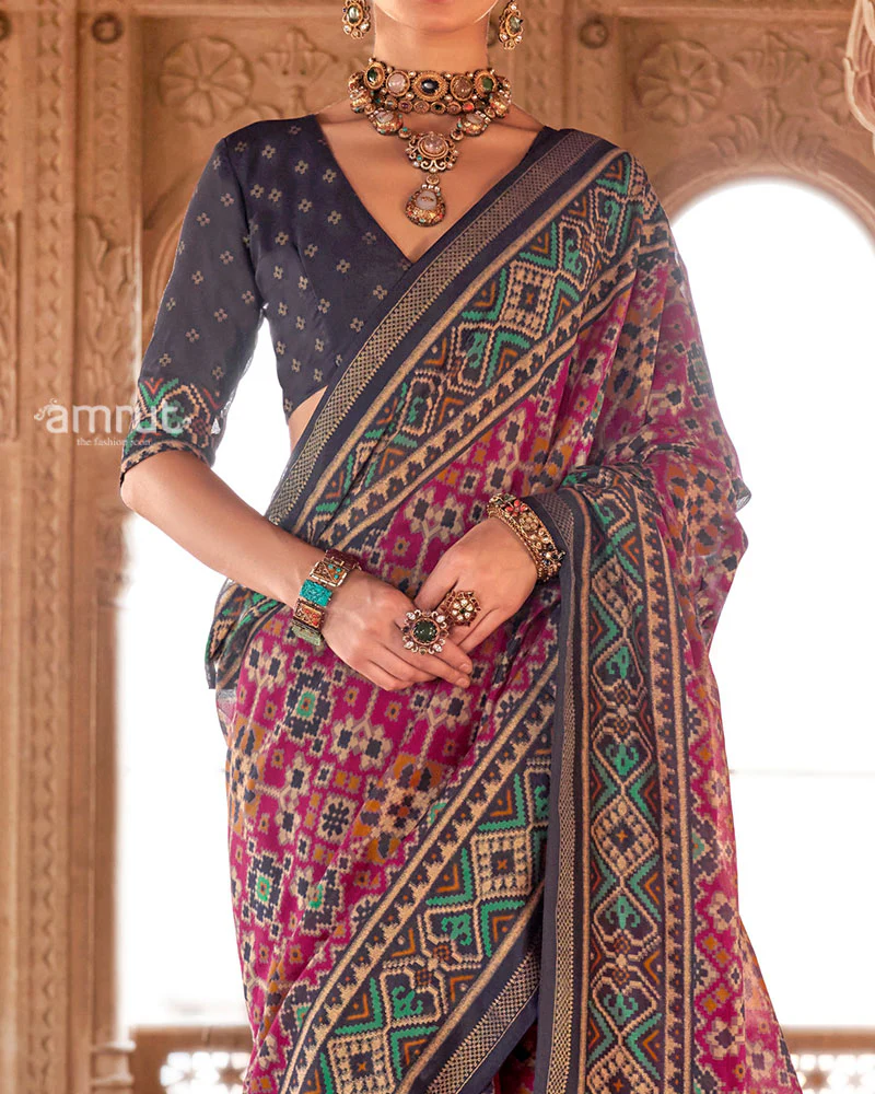 Navy Blue and Magenta Patola Printed Saree with Unstitched Blouse - Image 3
