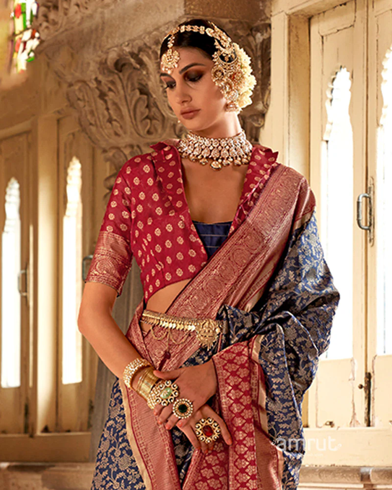 Navy Blue and Maroon Gold-Toned Ethnic Motifs Design Zari Silk Saree with Unstitched Blouse - Image 2