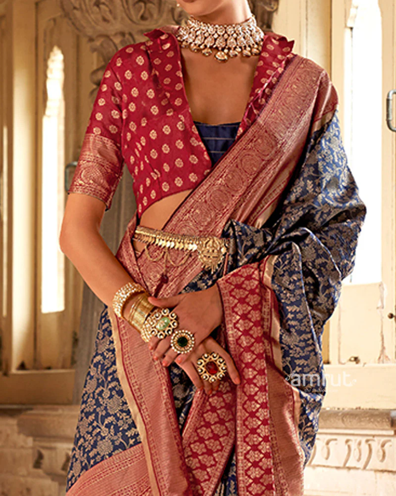 Navy Blue and Maroon Gold-Toned Ethnic Motifs Design Zari Silk Saree with Unstitched Blouse - Image 3